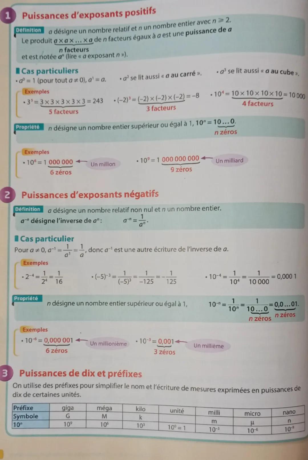 # 1 Puissances d'exposants positifs
Definition a désigne un nombre relatif et n un nombre entier avec n ≥ 2.
Le produit $a \times a \times a
