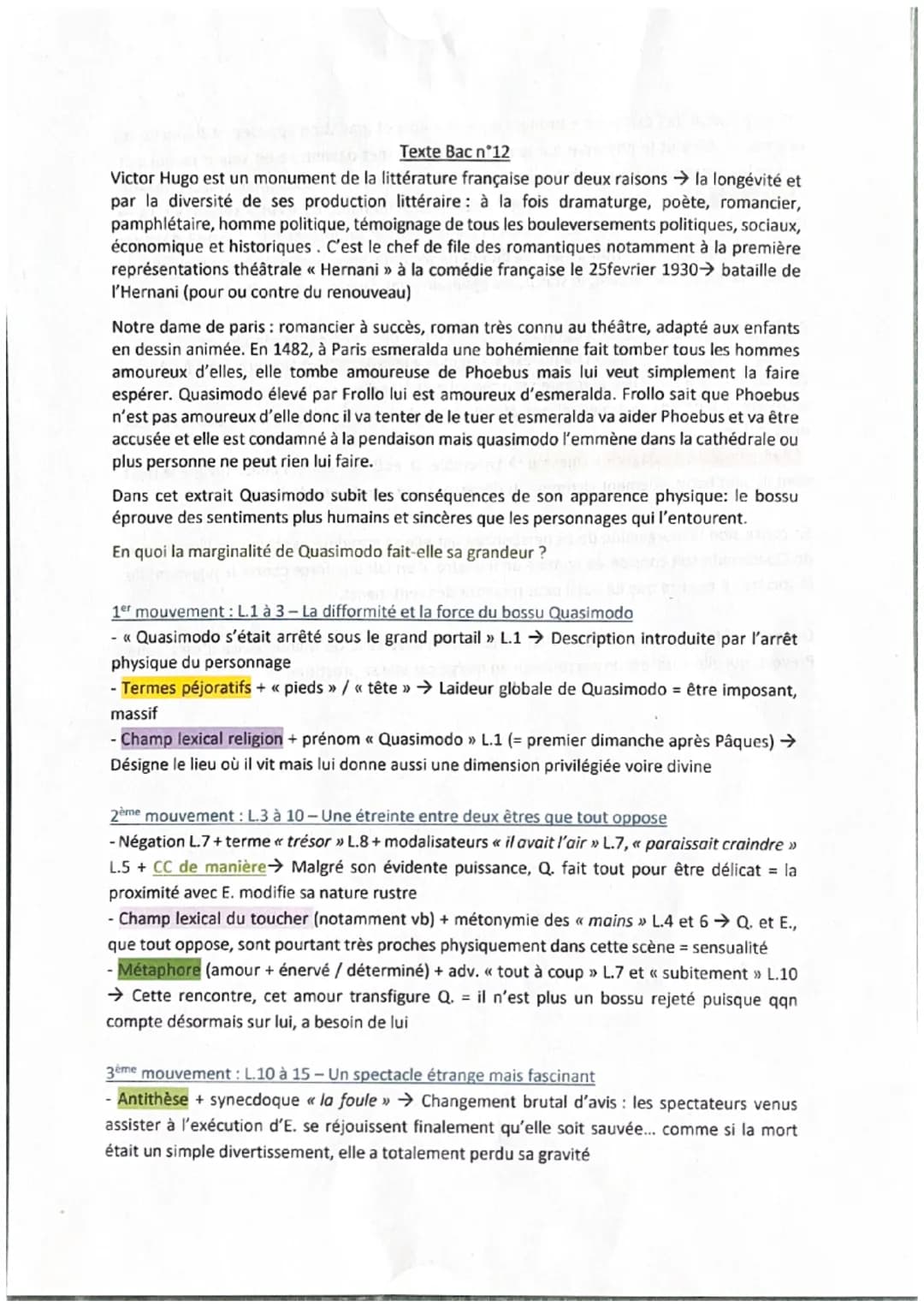 Texte Bac n°12
Victor Hugo est un monument de la littérature française pour deux raisons → la longévité et
par la diversité de ses productio