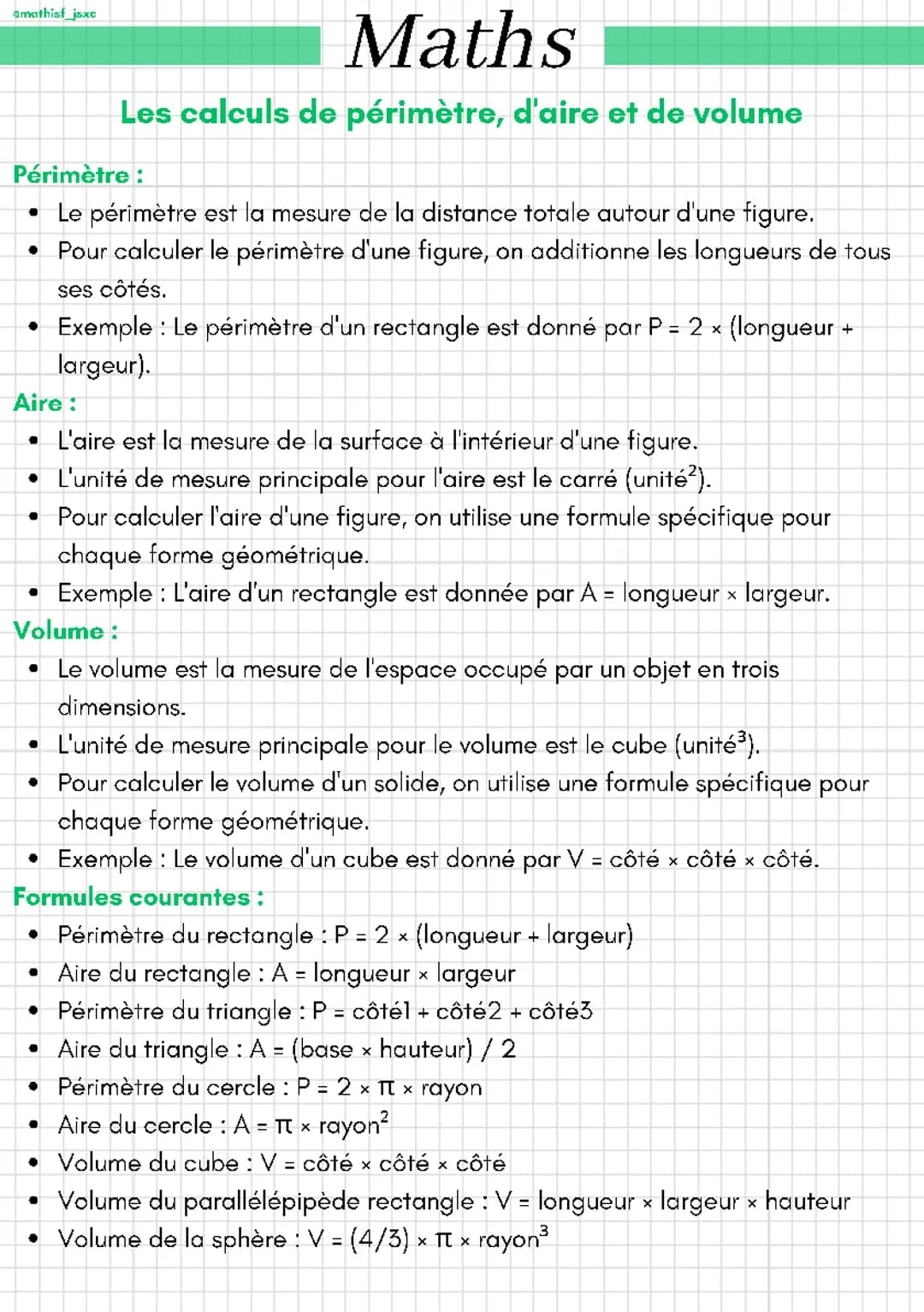 Les calculs de périmètre, d'aire et de volume