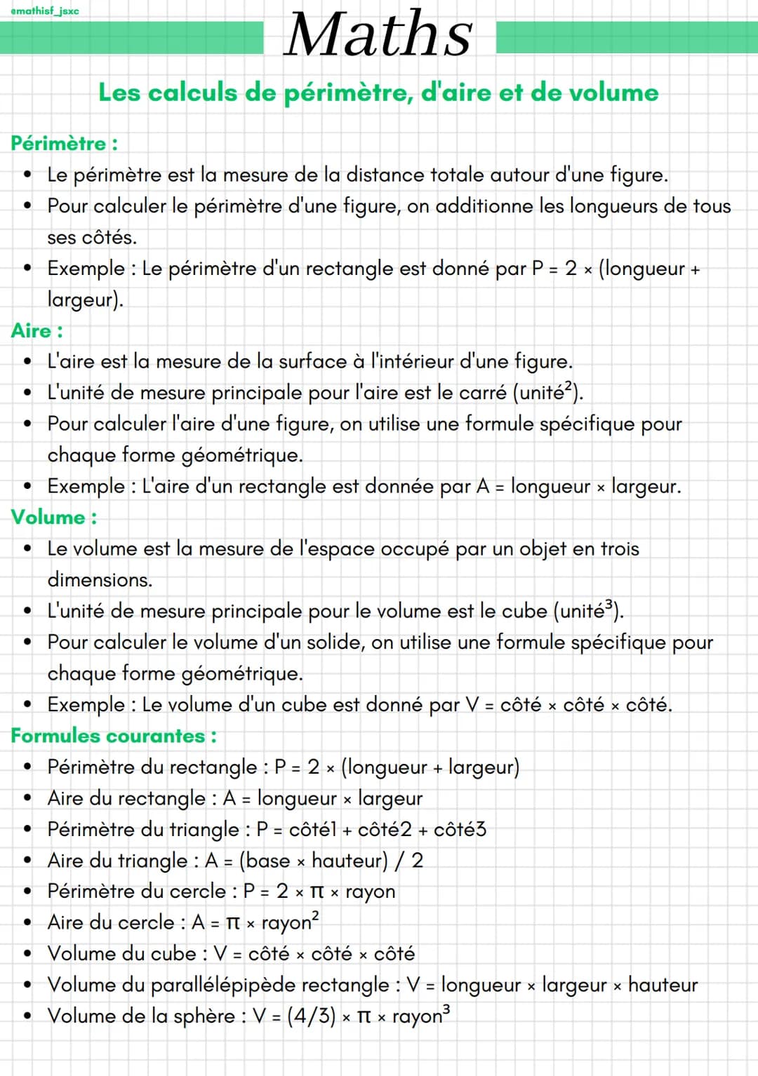 amathisf_jsxc
Périmètre :
• Le périmètre est la mesure de la distance totale autour d'une figure.
• Pour calculer le périmètre d'une figure,
