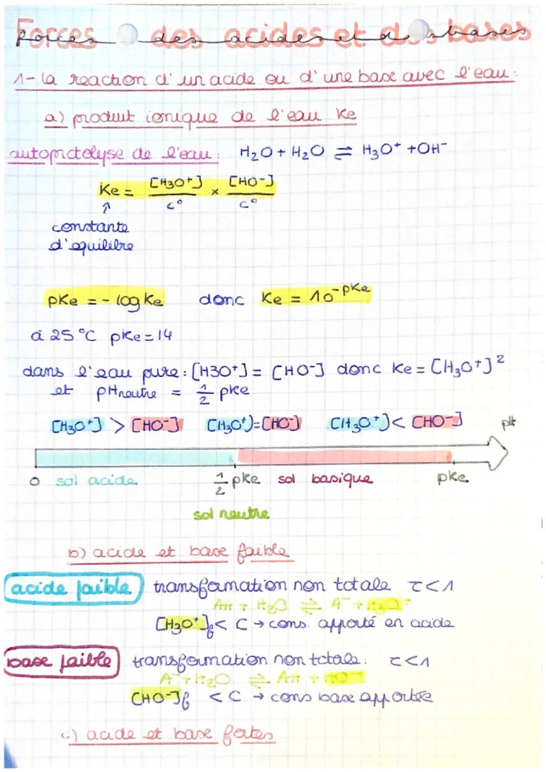 # Forces des aciderata shases

1-la reaction d' un acide ou d'une base avec l'eau:

a) produit conique de l'eau Ke

autopictolyse de l'eau: 