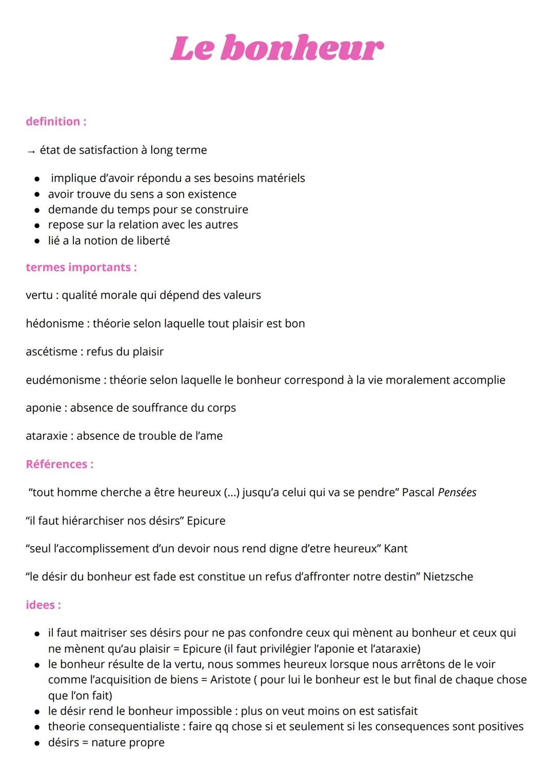 # Le bonheur

definition:

→ état de satisfaction à long terme

*   implique d'avoir répondu a ses besoins matériels
*   avoir trouve du sen