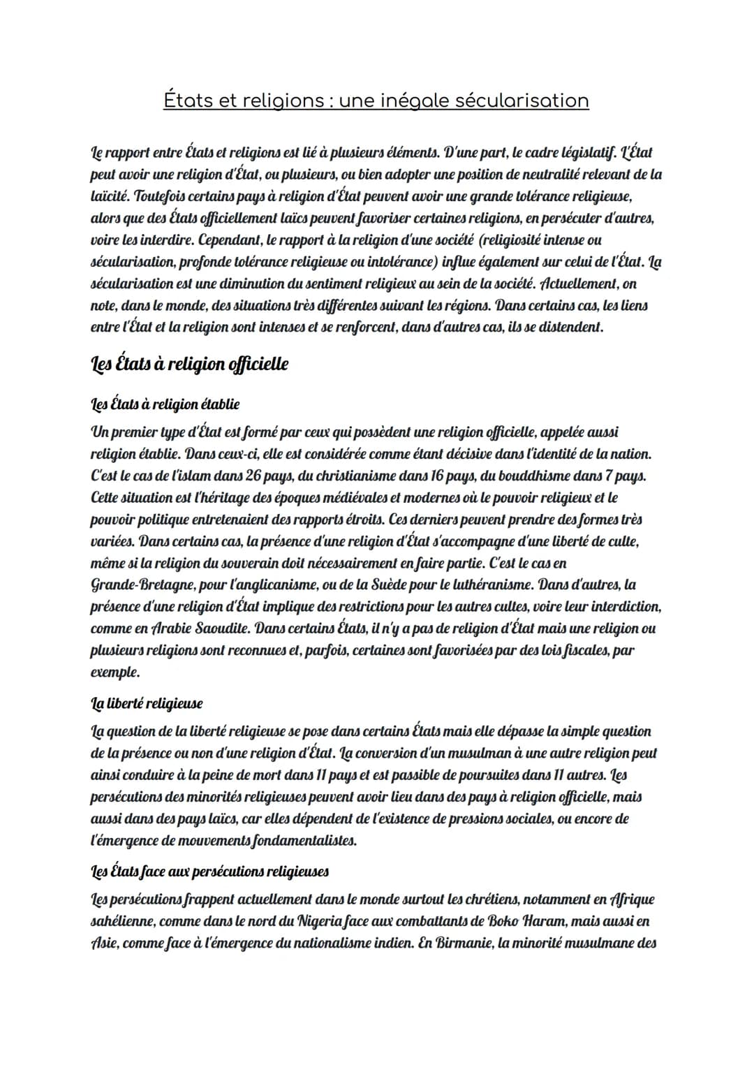 
<p>Le rapport entre les États et les religions est lié à plusieurs éléments. D'une part, le cadre législatif. L'État peut avoir une religio