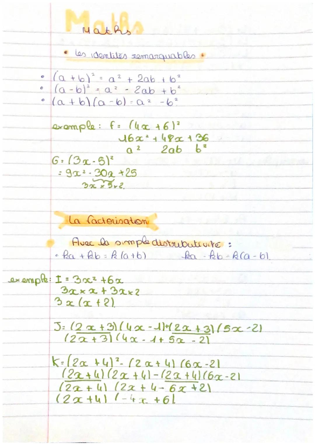 O
C
●
Maths
• les identitas re
(a + b)² =
= a ² + 2ab +6²
2ab + b²
(a - b)² = a ²
(a + b)(a-6)= a ² -6²
C
remarquables
-
exemple: f= (4x +61