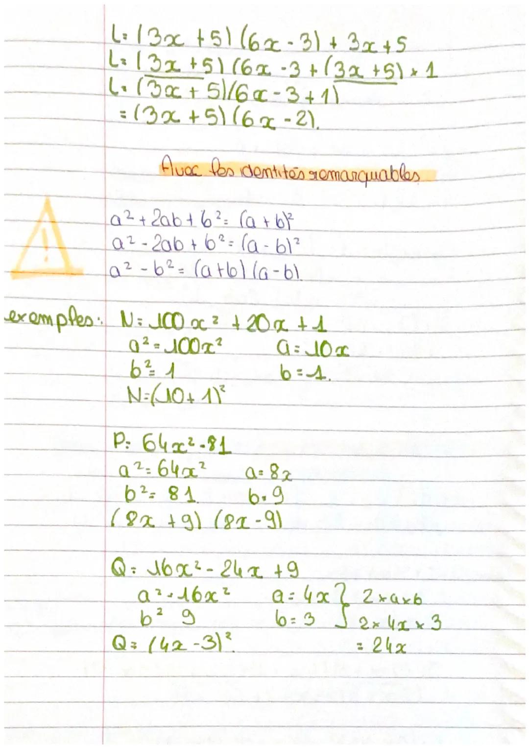 O
C
●
Maths
• les identitas re
(a + b)² =
= a ² + 2ab +6²
2ab + b²
(a - b)² = a ²
(a + b)(a-6)= a ² -6²
C
remarquables
-
exemple: f= (4x +61