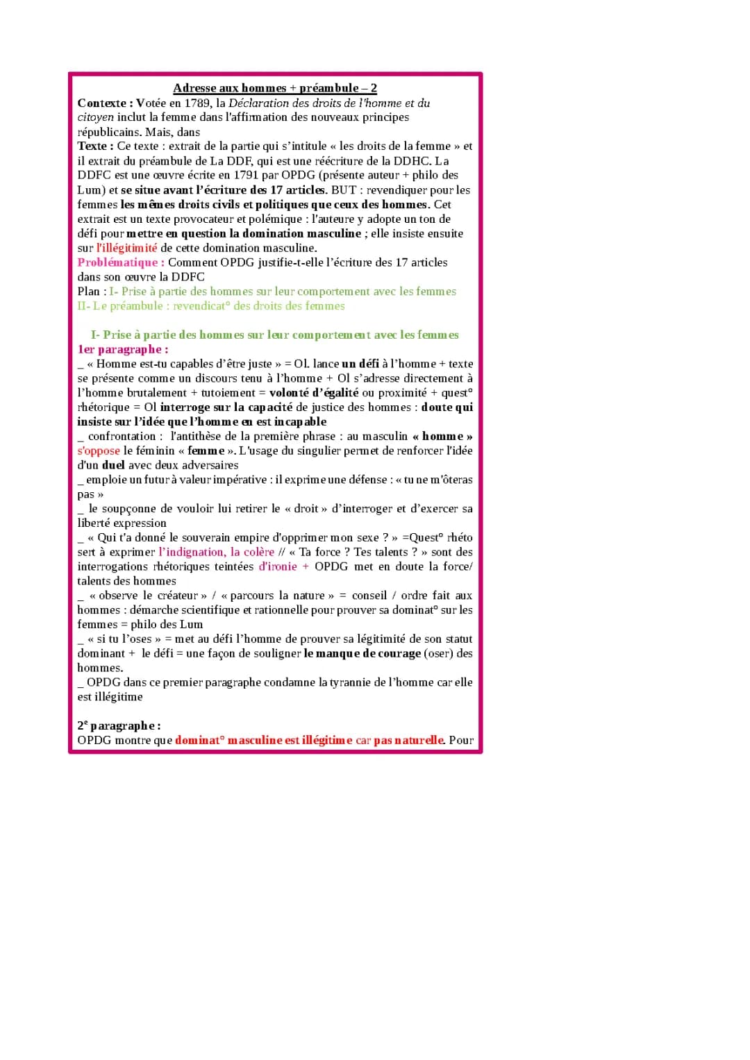 Analyse de l'adresse aux hommes d'Olympe de Gouges et du contrat social de l'homme et de la femme