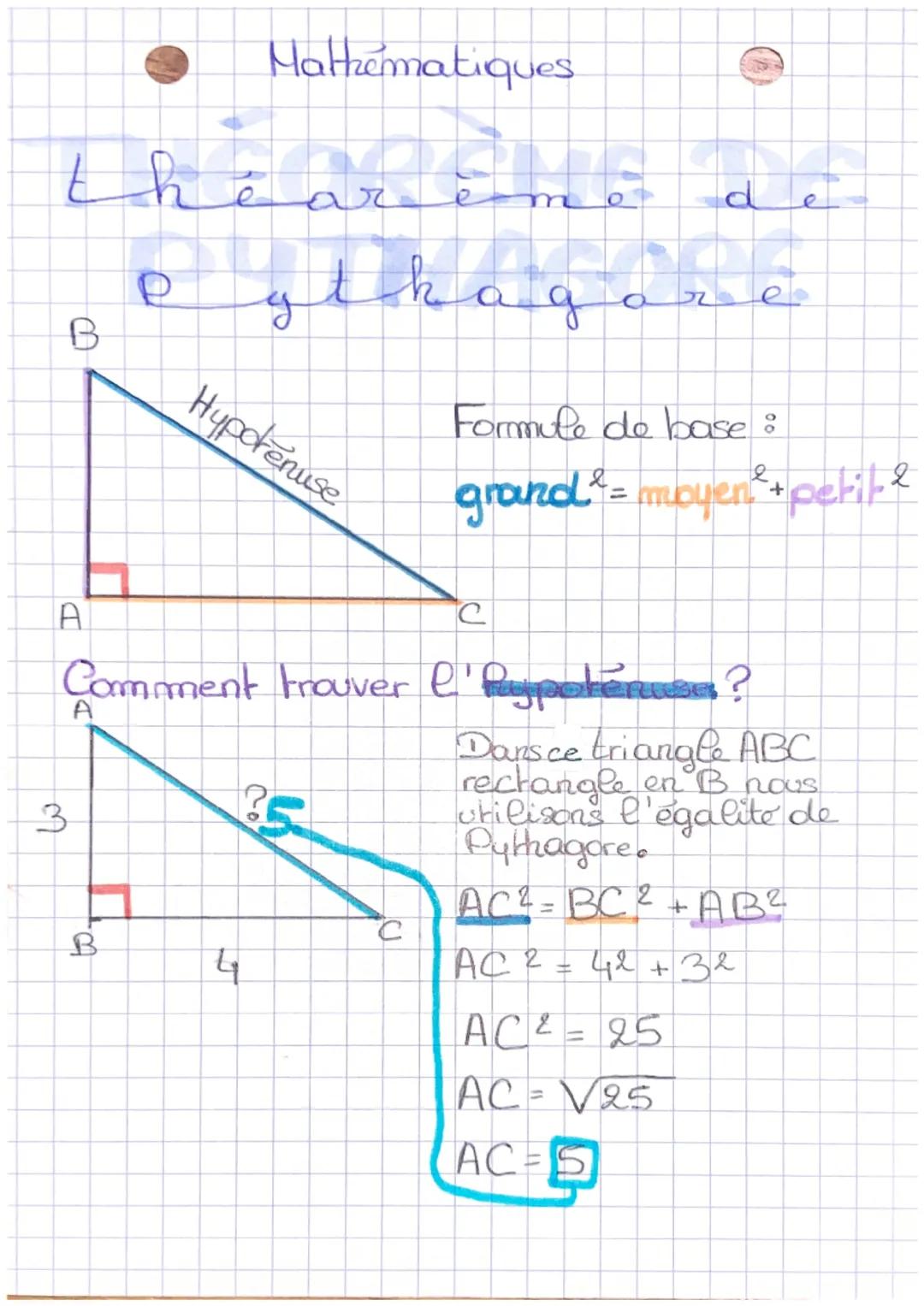 Mathématiques

thé
arèmo
de
B
Pythagore

Hypotenuse

Formule de base:
2
grand² = moyen² + perip &

A
C
Comment trouver l'hypotenuses?
3
A
C
