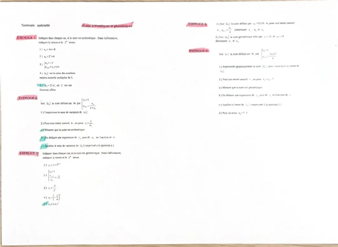 Mathématiques : Suites arithmétiques et géométriques exercices + contrôle corrigé 