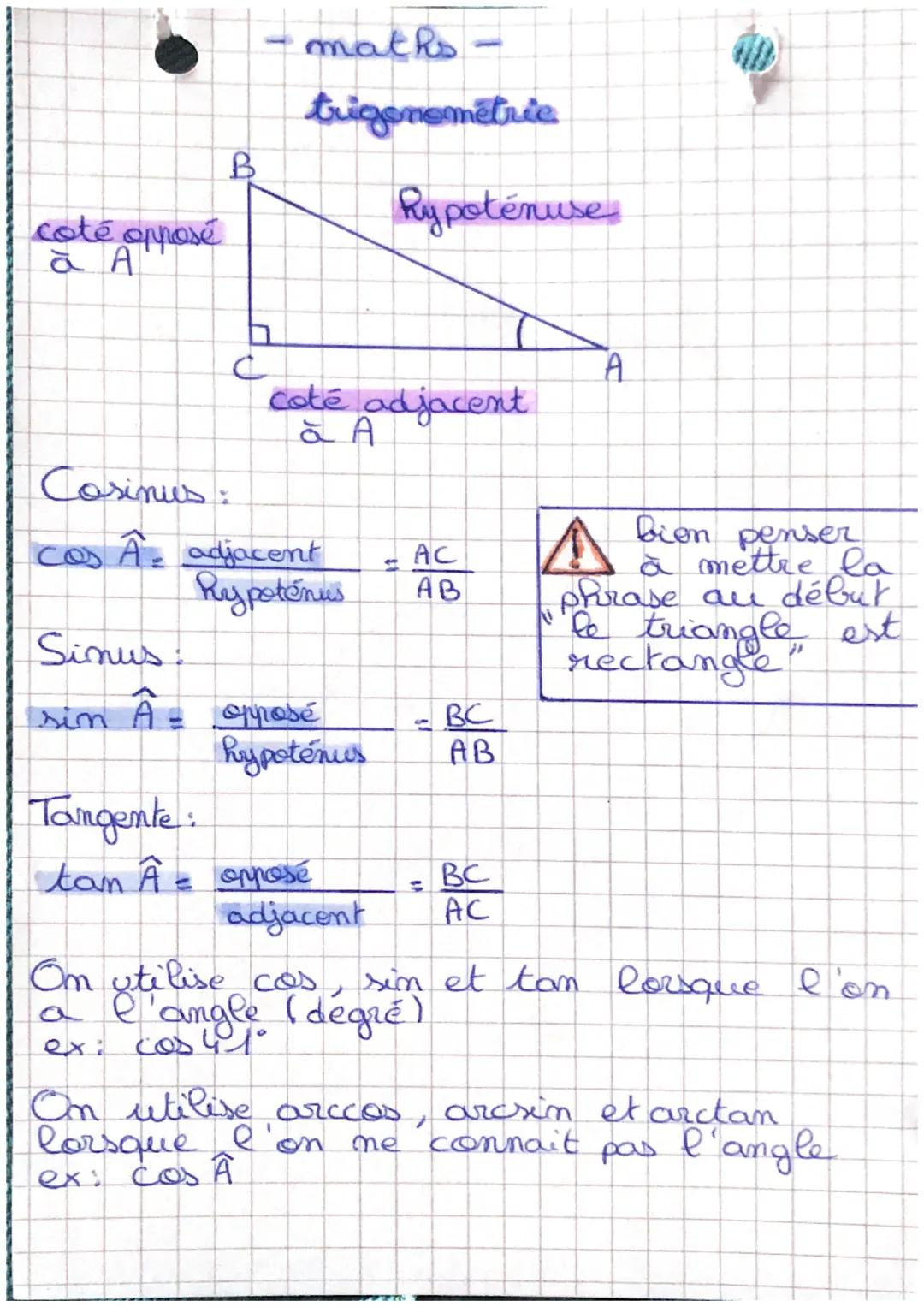 - maths

trigonométrie

B

Rypotenuse

coté opposé
à A

C

A

coté adjacent
à A

Cosinus:

$cos \hat{A} = \frac{adjacent}{Rypotenus} = \frac