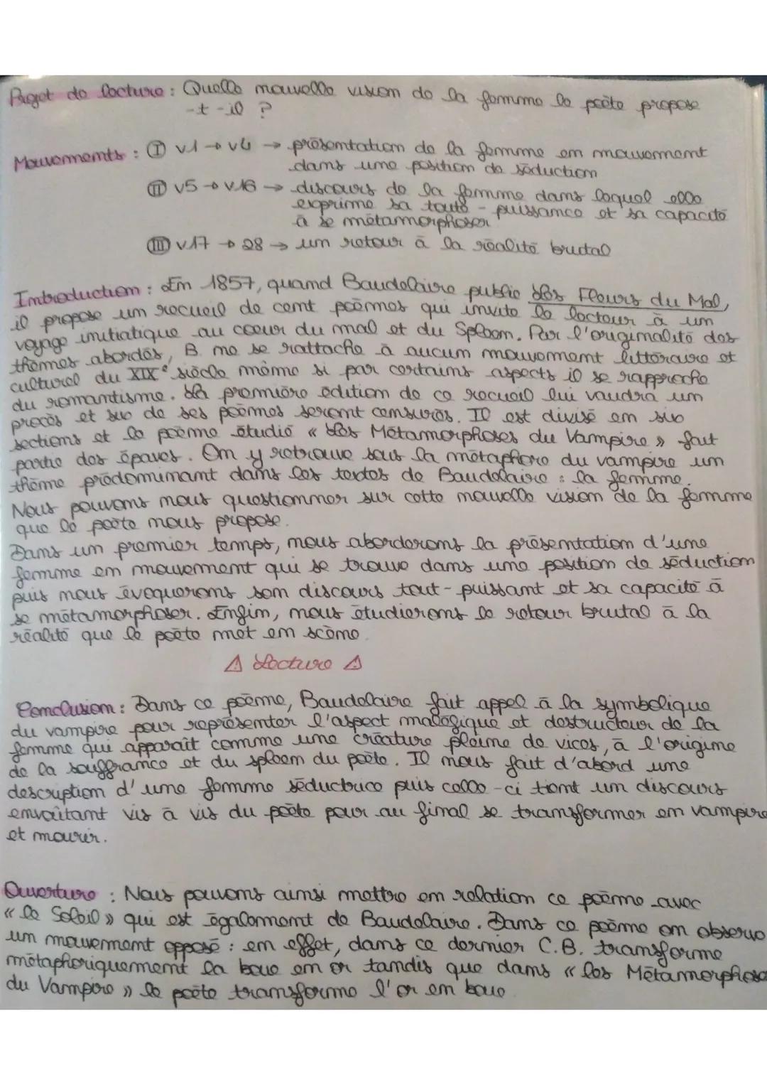 Les Métamorphoses du Vampire Baudelaire PDF et Texte - Analyse Facile