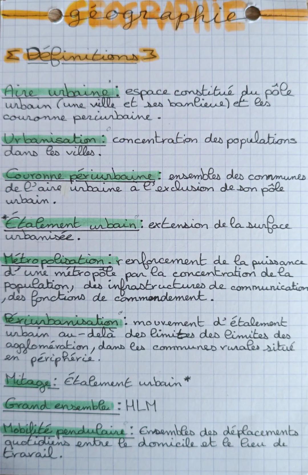 --- OCR Start ---
géographie
Zone pavillonaire : zones constitué de maisons,
d'
appartement, de logement.
Villes à commaitre et à situer 3
N