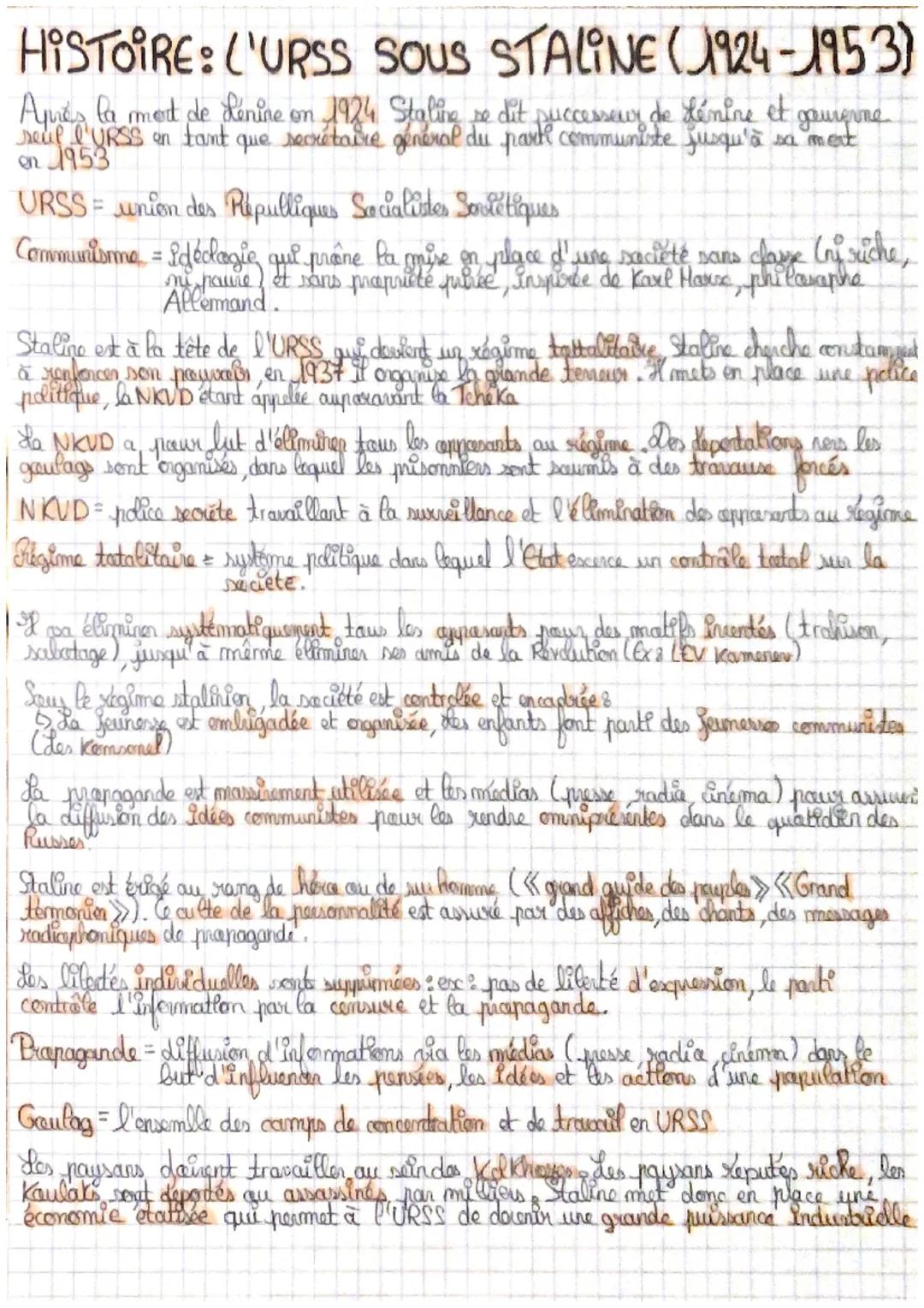 # HISTOIRE: ('URSS SOUS STALINE (1924-1953)

Apiés la mort de denine on 1924 Staline se dit successeur de dénine et gaurerne
seul l'URSS en 