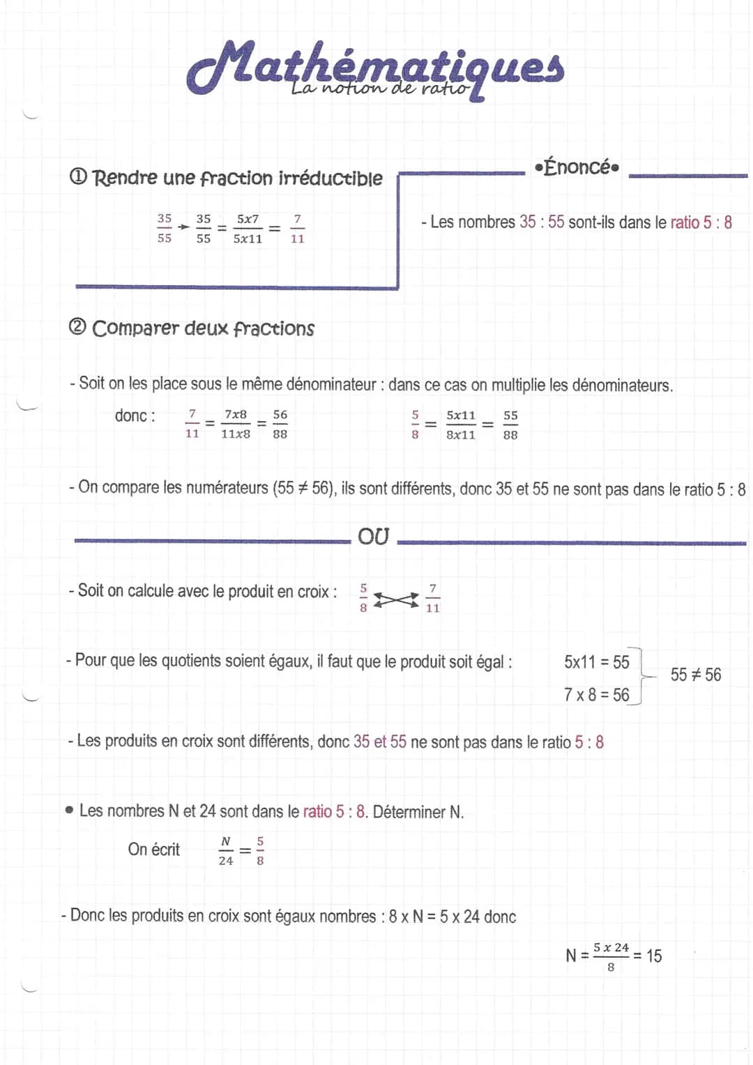 Mathématiques
La notion de ratio
Rendre une fraction irréductible
35 35
5x7
55 55 5x11
A
=
Comparer deux fractions
||
7
11
- Soit on les pla
