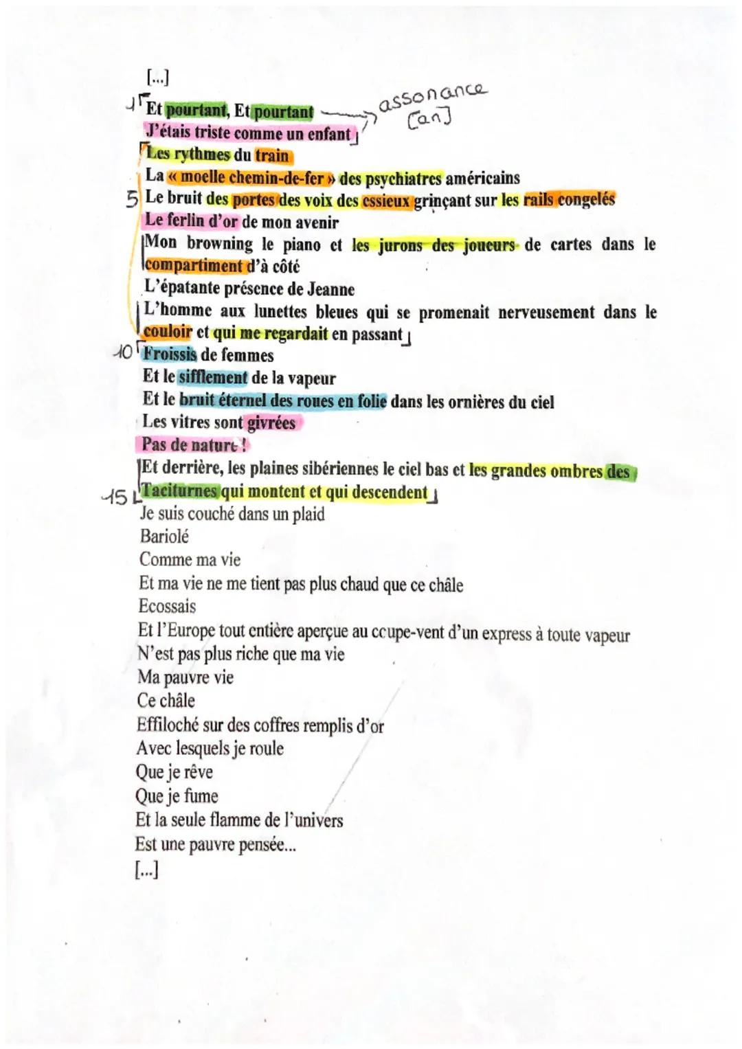 [...]

Et pourtant, Et pourtant
J'étais triste comme un enfant」
Les rythmes du train
assonance
[an]
La << moelle chemin-de-fer >> des psychi