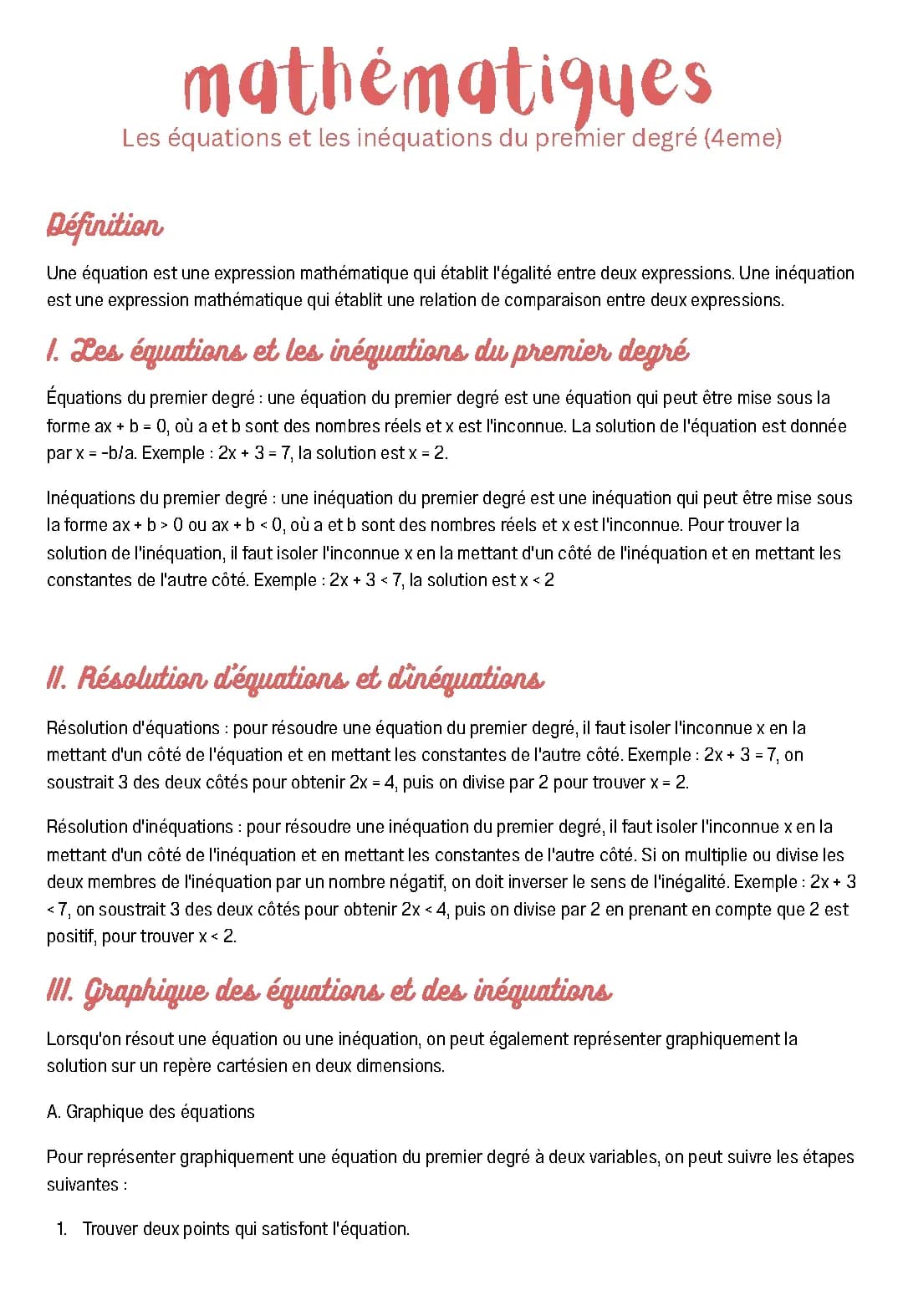 Les équations et les inéquations du premier degré (4eme)