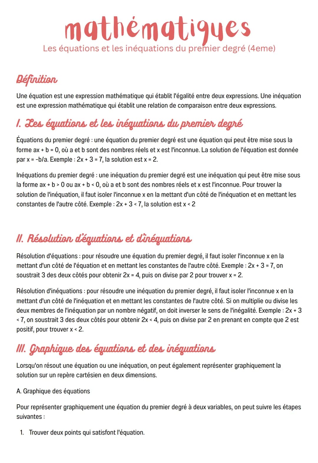 mathématiques
Les équations et les inéquations du premier degré (4eme)
Définition
Une équation est une expression mathématique qui établit l
