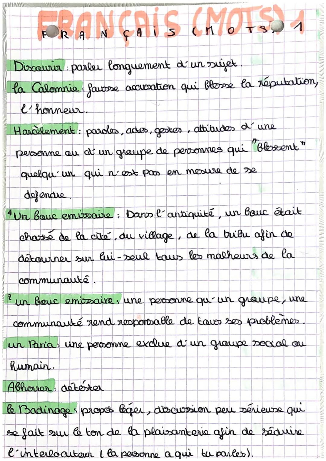 # FRANCOIS (MOTS) 4

Discourir: parler longuement d' un sujet

la Calomnie fausse accoration qui blesse la réputation,
l'honneur.

Harcèleme