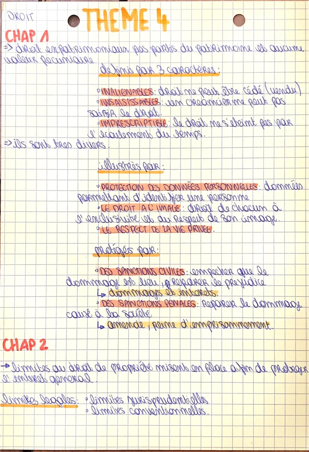 DROIT
•THEME 4
CHAPA
=> drail en patrimoniaux pas parts del patrimoine et aucume
valeuk Recuniaine
de linis par 3 Caractères:
INALIEWABLES: 