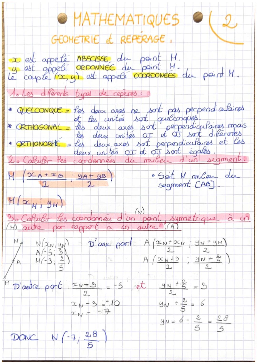 MATHEMATIQUES
GEOMETRIE et REPERAGE.
x est appelé ABSCISSE, du point H.
est appelé ORDONNÉE du point H.
Le couple (x, y) est appele COORDONE