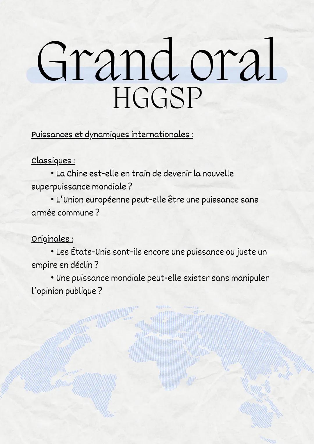 # Idées de questions pour le

# Grand oral

HGGSP # Grand oral

HGGSP

Histoire et mémoires:

Classiques:

• Comment les mémoires de la seco