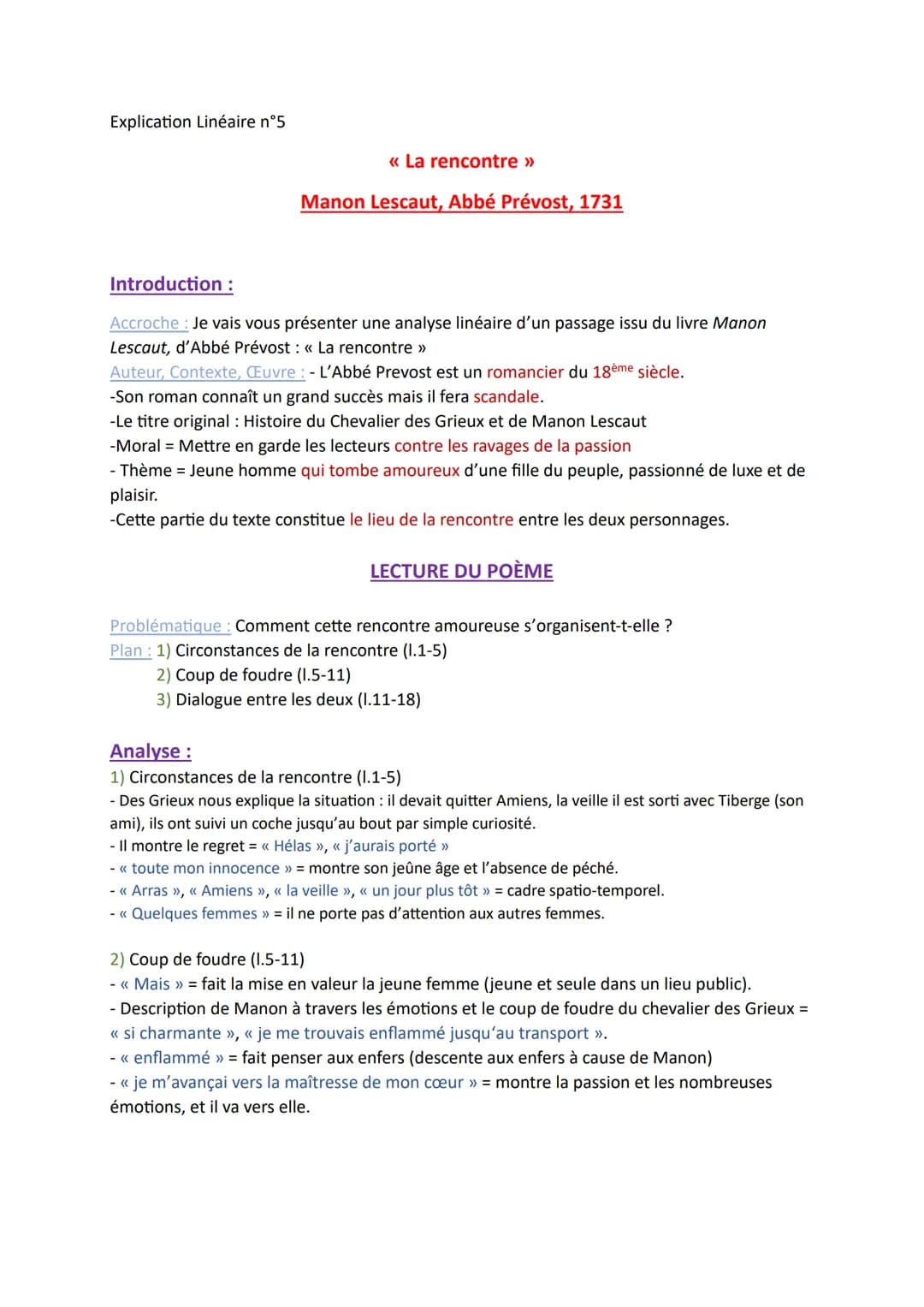 --- OCR Start ---
Explication Linéaire n°5
<<< La rencontre >>>>
Manon Lescaut, Abbé Prévost, 1731
Introduction:
Accroche: Je vais vous prés
