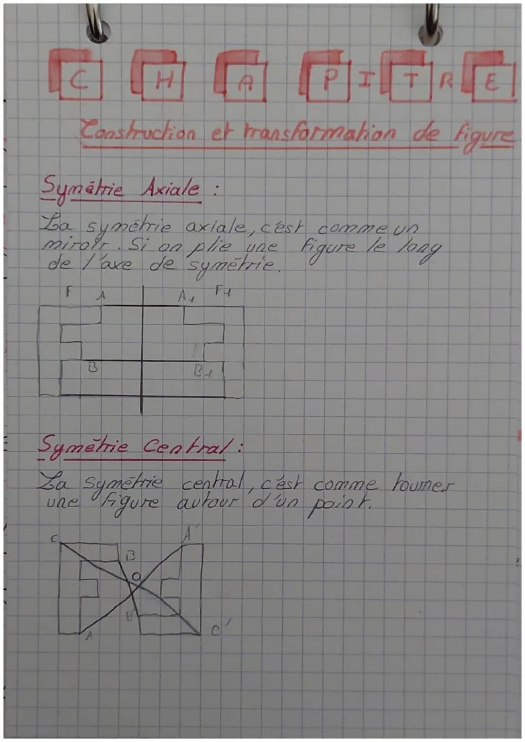 CHAPITRE

Construction et transformation de figure

Symétrie Axiale :
La symétrie axiale, c'est comme un
mirolt. Si on plie une figure le lo