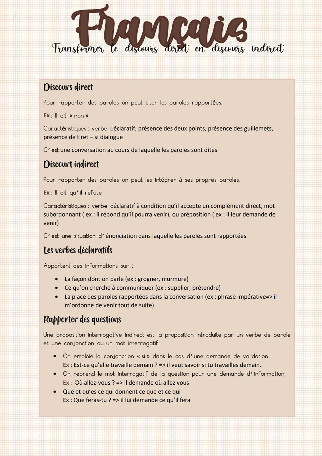 Transformer le discours direct en discours indirect
Discours direct
Pour rapporter des paroles on peut citer les paroles rapportées.
Ex: Il 