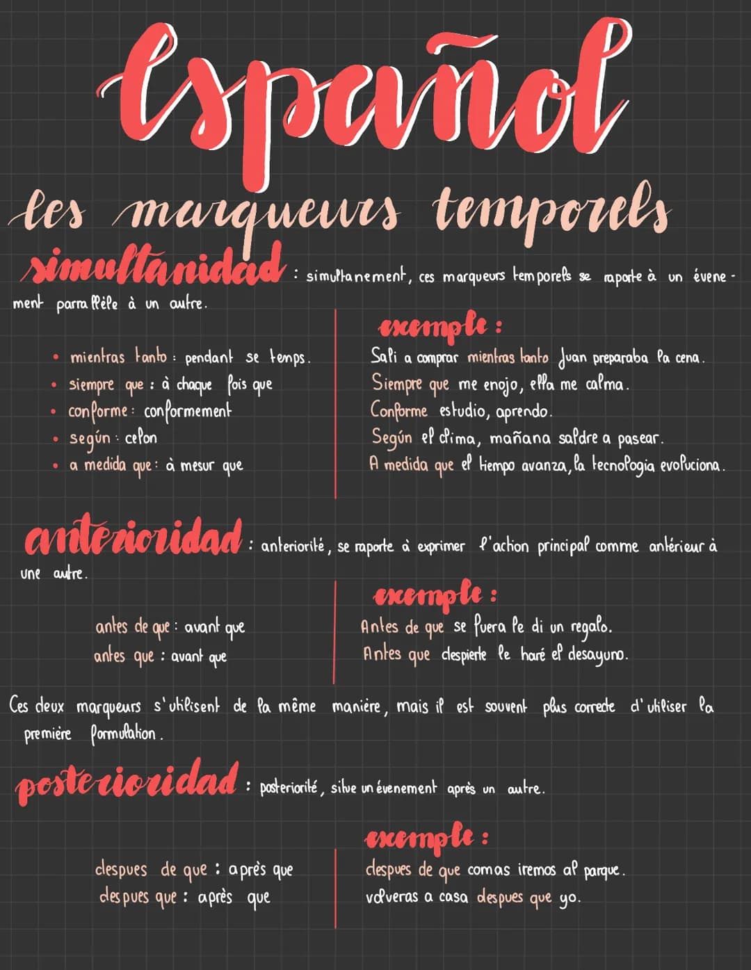 español
les marqueurs temporels
simultanidad
ment parrallèle à un autre.
●
●
mientras tanto pendant se temps.
siempre que à chaque fois que
