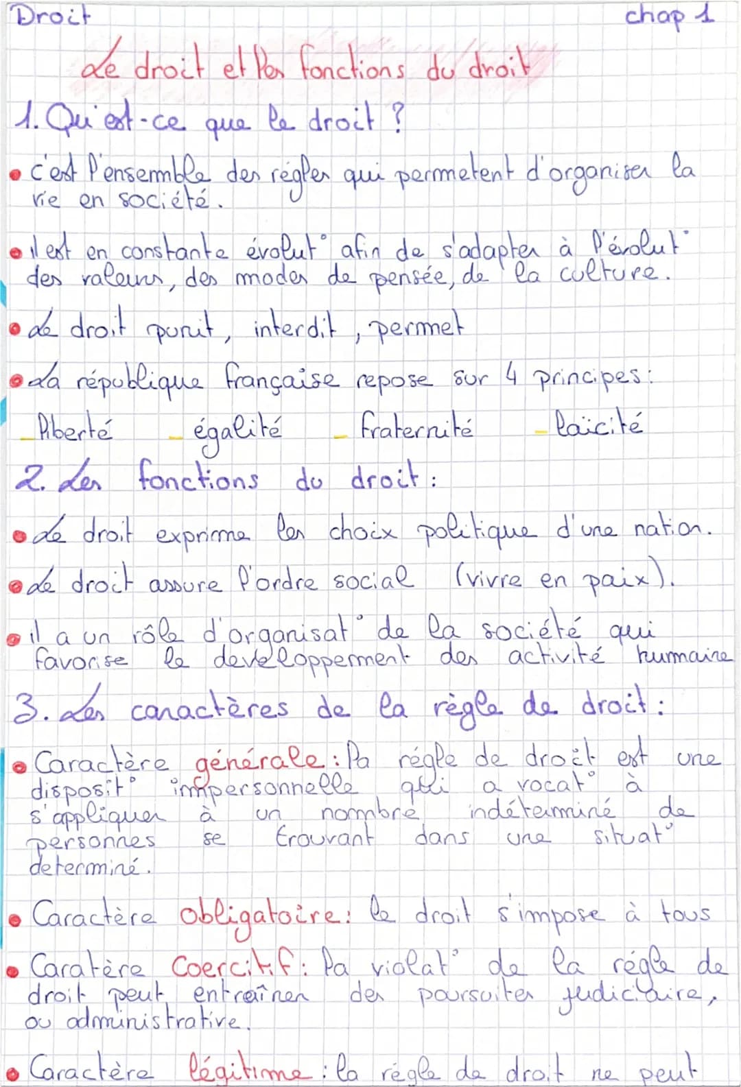 Droit
Le droit et les fonctions du droit
chap 1
1. Qu'est-ce que le droit ?
• c'est l'ensemble des regler qui permetent d'organiser la
vie e