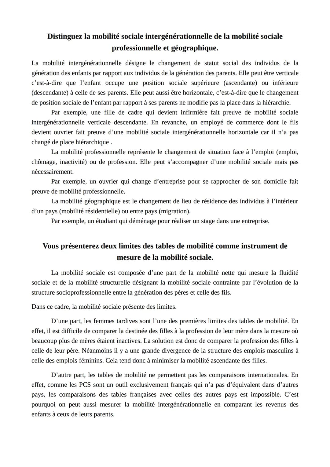 Distinguez la mobilité sociale intergénérationnelle de la mobilité sociale
professionnelle et géographique.
La mobilité intergénérationnelle