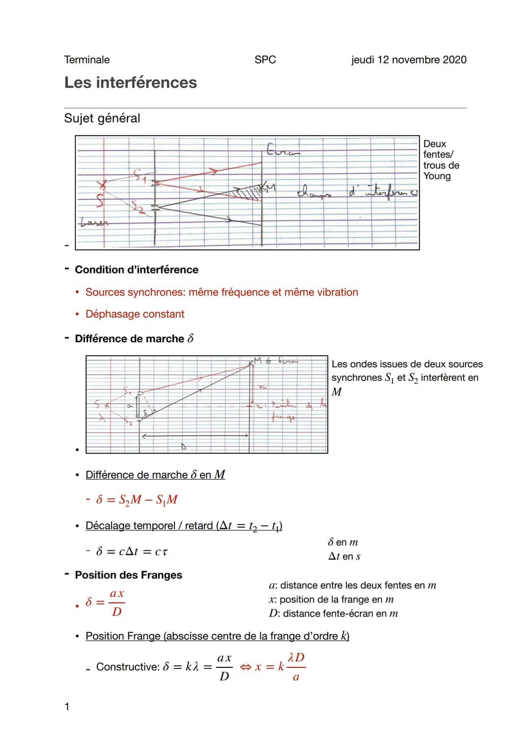Terminale
Les interférences
Sujet général
St
Zaren
1
●
S
$₂
8 =
- Condition d'interférence
• Sources synchrones: même fréquence et même vibr