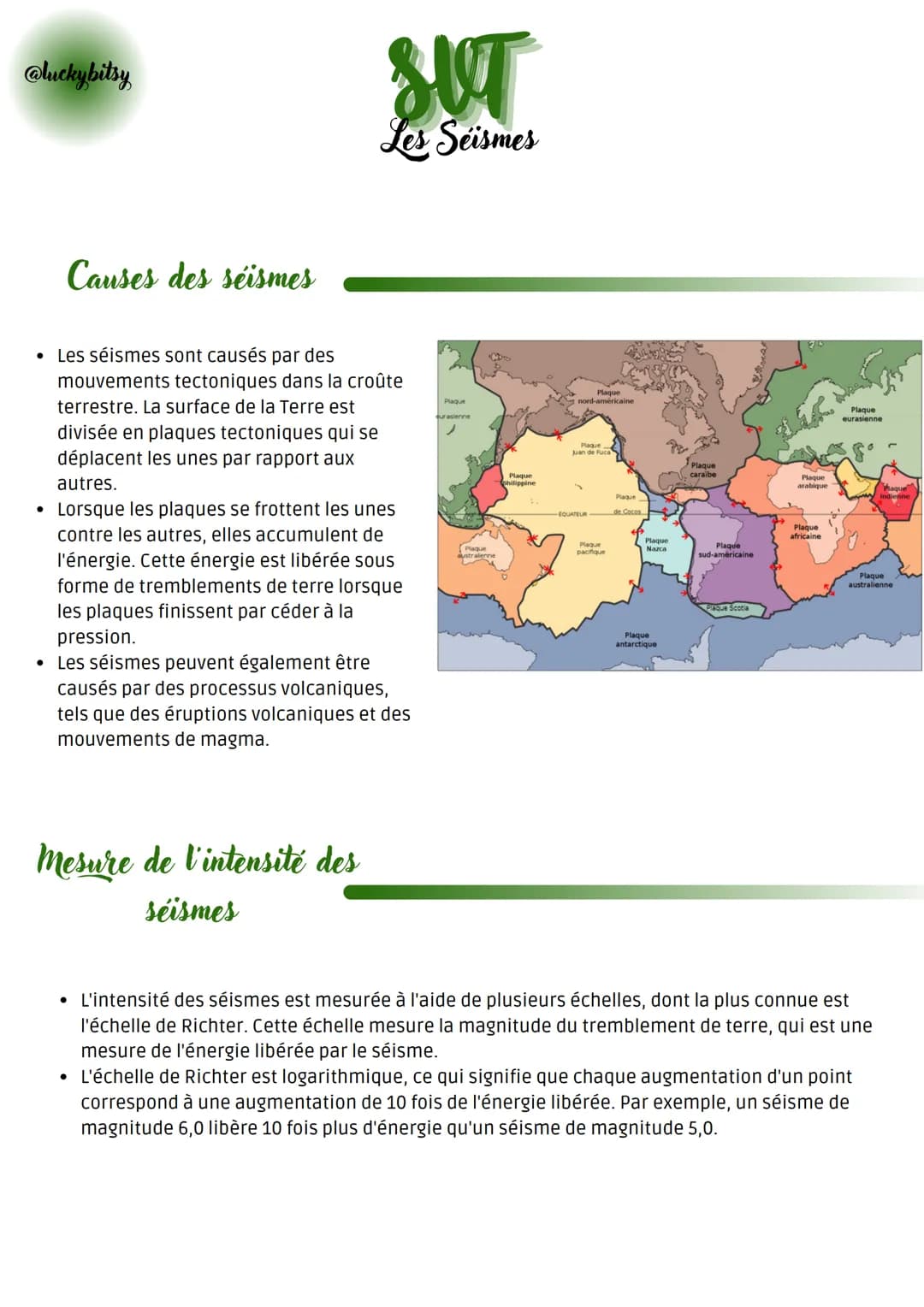 @luckybitsy
●
Causes des séismes
• Les séismes sont causés par des
mouvements tectoniques dans la croûte
terrestre. La surface de la Terre e