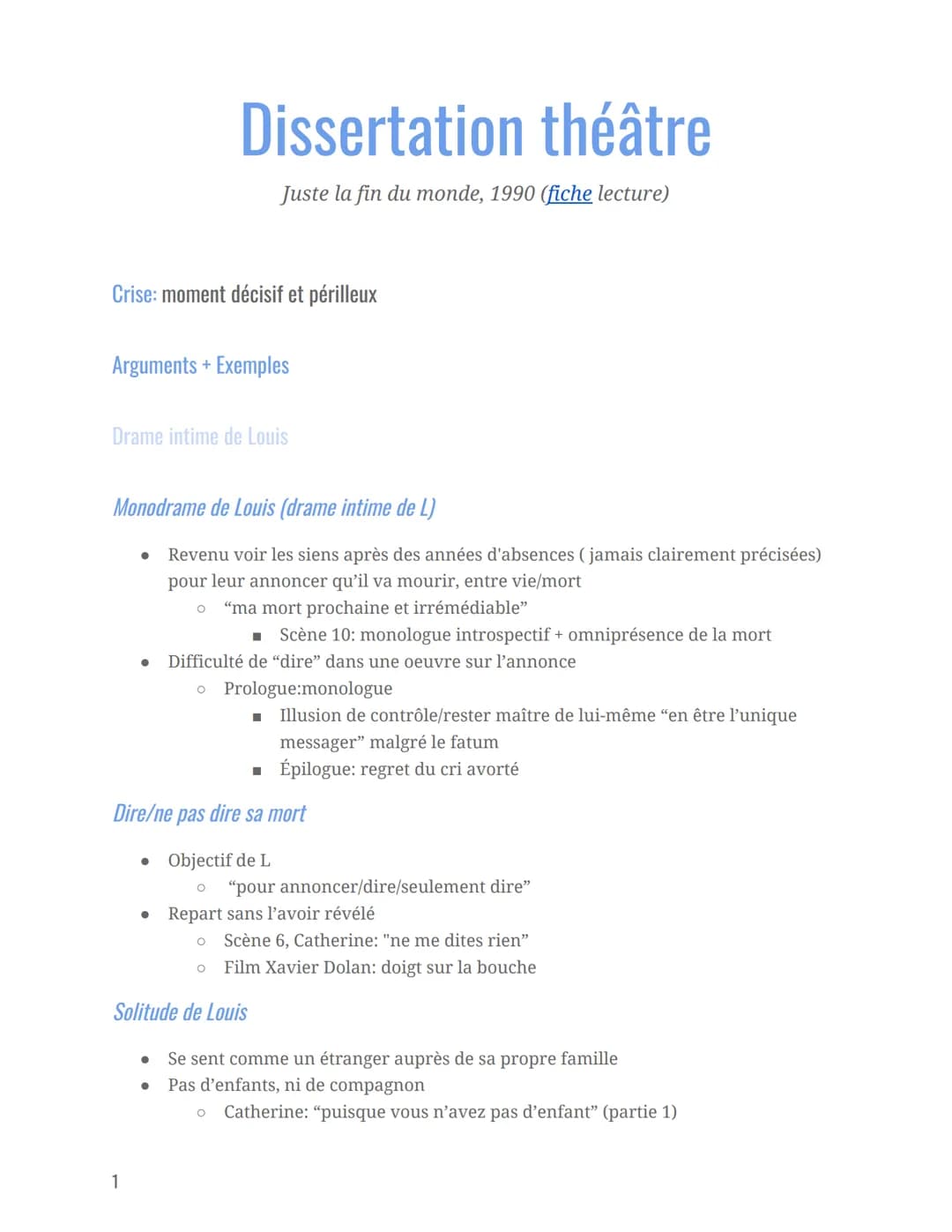 Crise: moment décisif et périlleux
Arguments + Exemples
Drame intime de Louis
Monodrame de Louis (drame intime de L)
Revenu voir les siens a