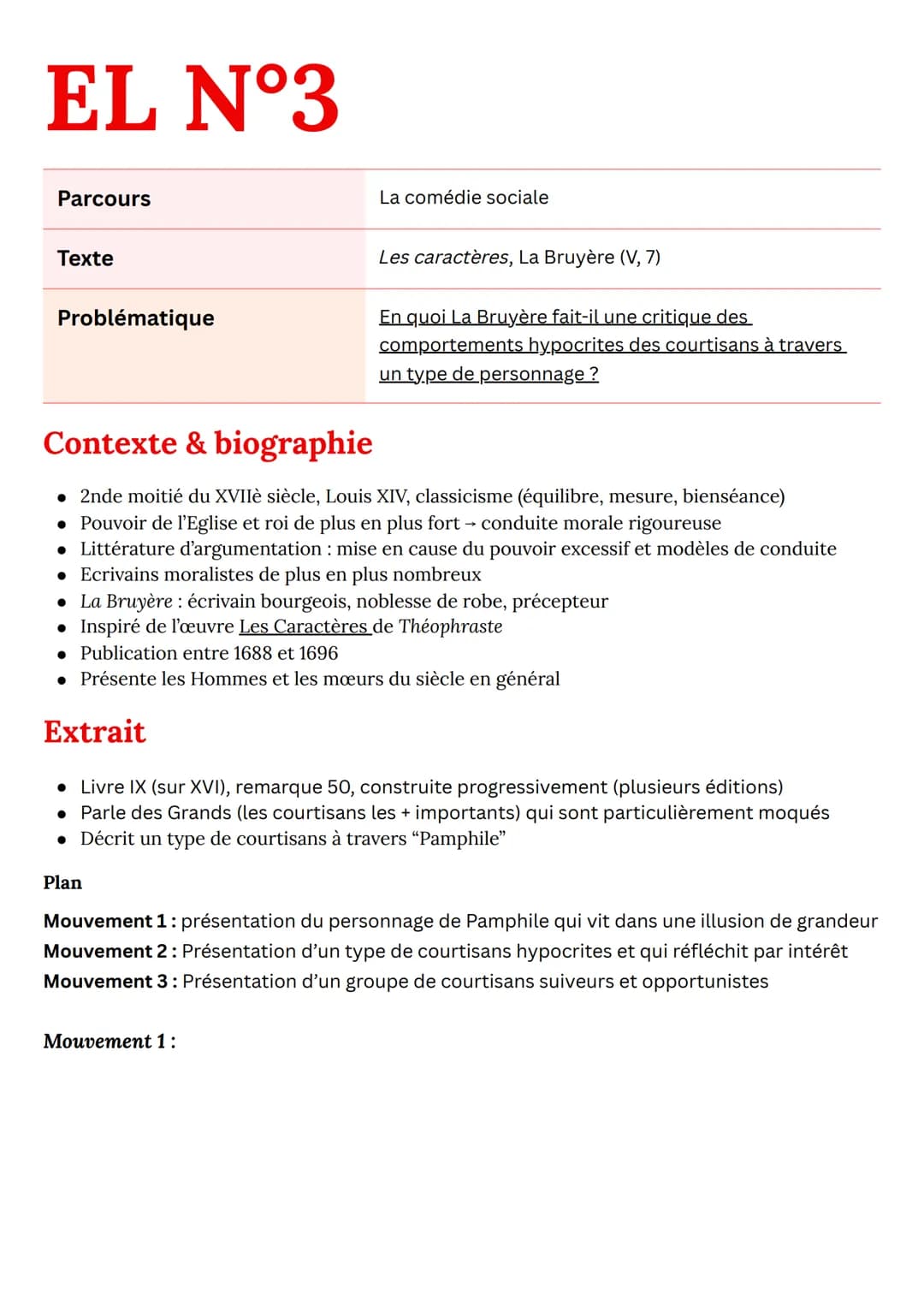 EL N°3
Parcours
La comédie sociale
Texte
Problématique
Contexte & biographie
Les caractères, La Bruyère (V, 7)
En quoi La Bruyère fait-il un