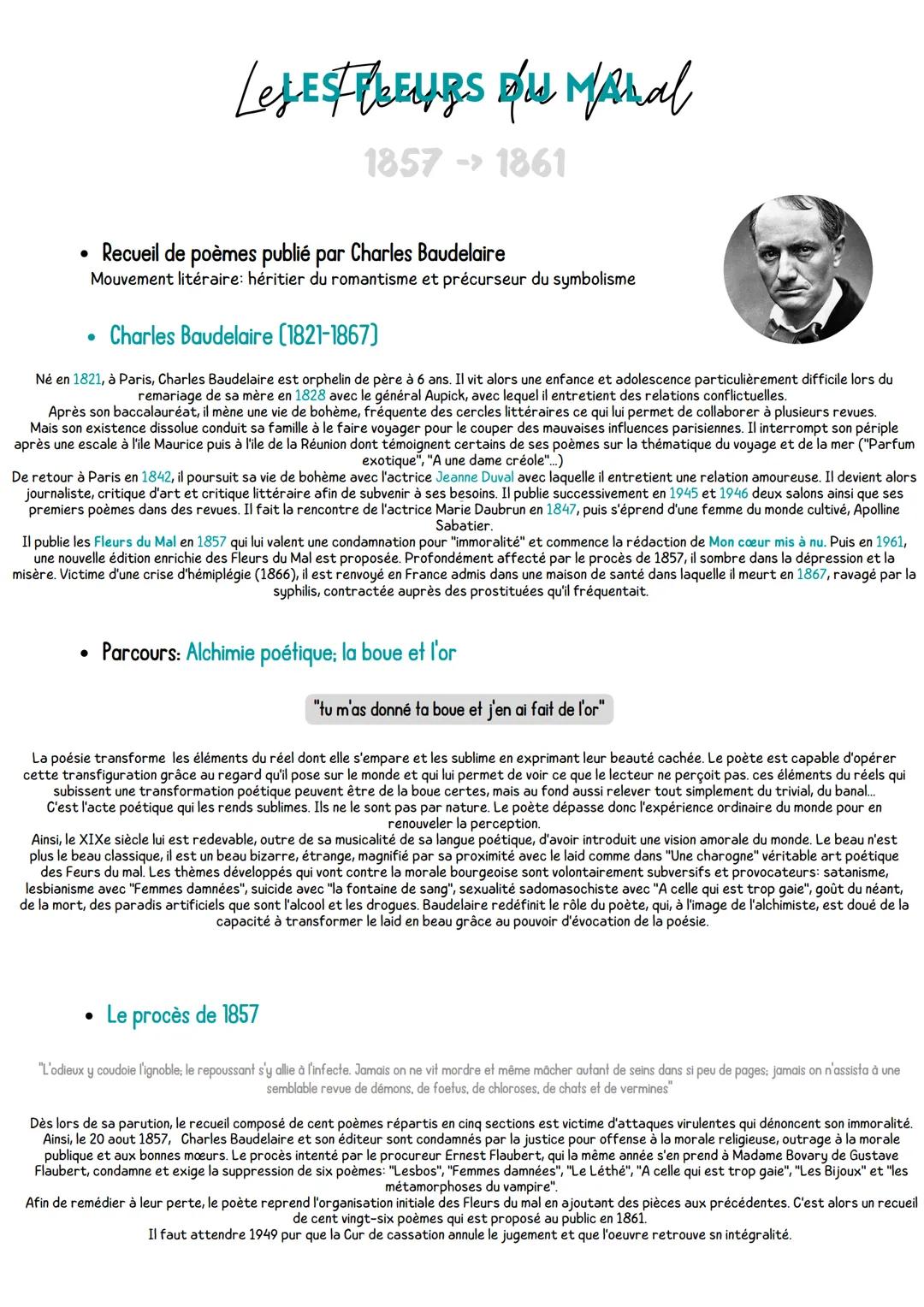 Recueil de poèmes publié par Charles Baudelaire
Mouvement litéraire: héritier du romantisme et précurseur du symbolisme
●
Charles Baudelaire