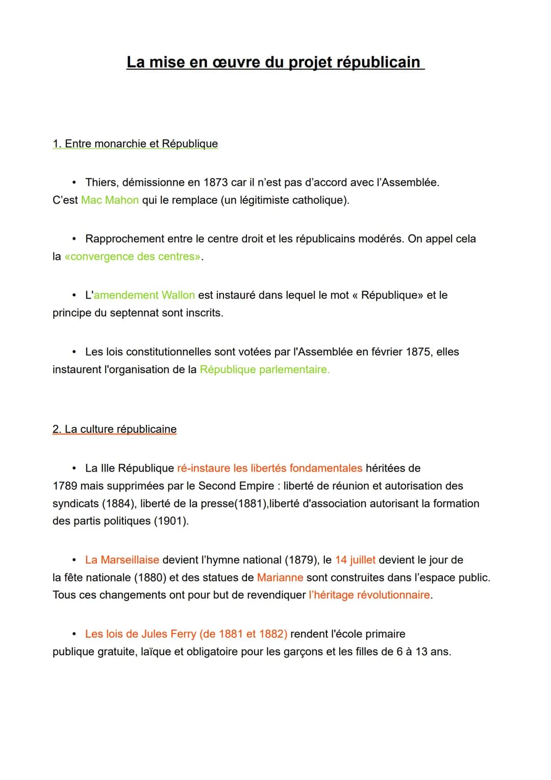 La mise en œuvre du projet républicain
1. Entre monarchie et République
• Thiers, démissionne en 1873 car il n'est pas d'accord avec l'Assem