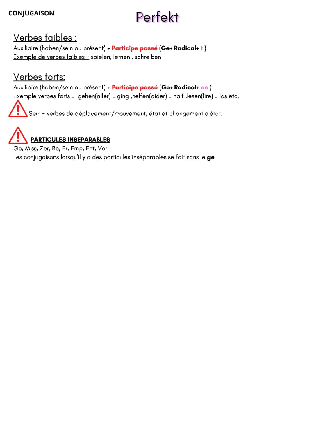 Liste PDF des verbes forts et faibles en allemand pour enfants