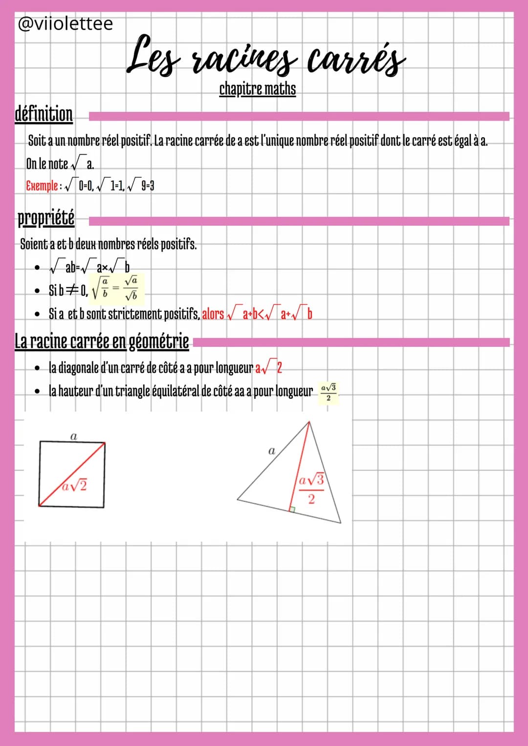 @viiolettee
définition
Soit a un nombre réel positif. La racine carrée de a est l'unique nombre réel positif dont le carré est égal à a.
On 