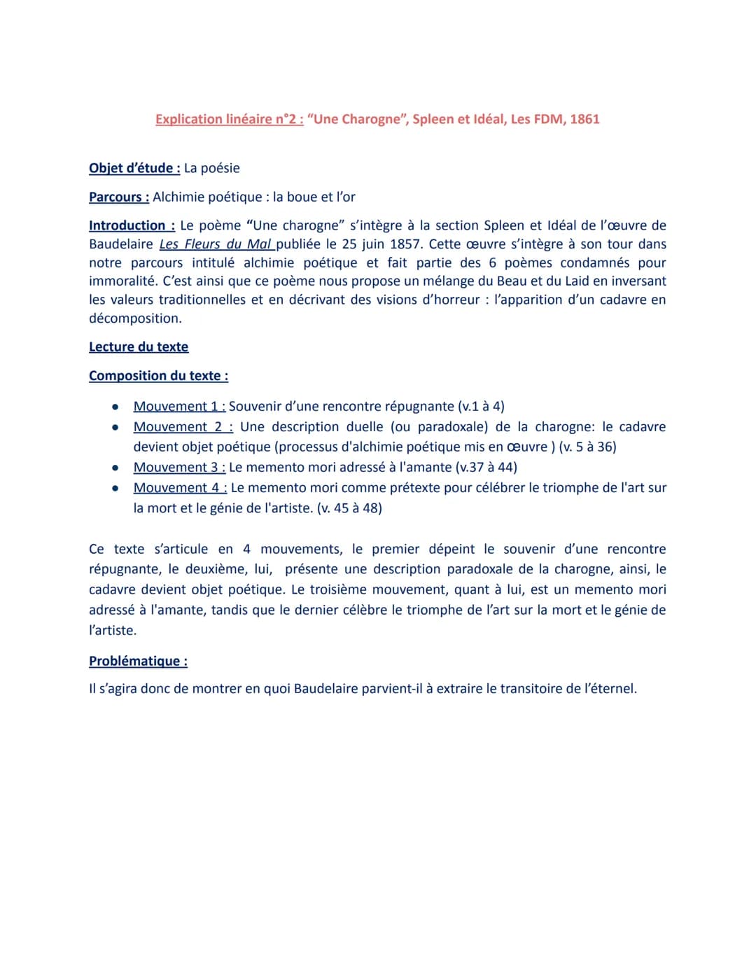 Explication linéaire n°2: "Une Charogne", Spleen et Idéal, Les FDM, 1861
Objet d'étude : La poésie
Parcours : Alchimie poétique : la boue et