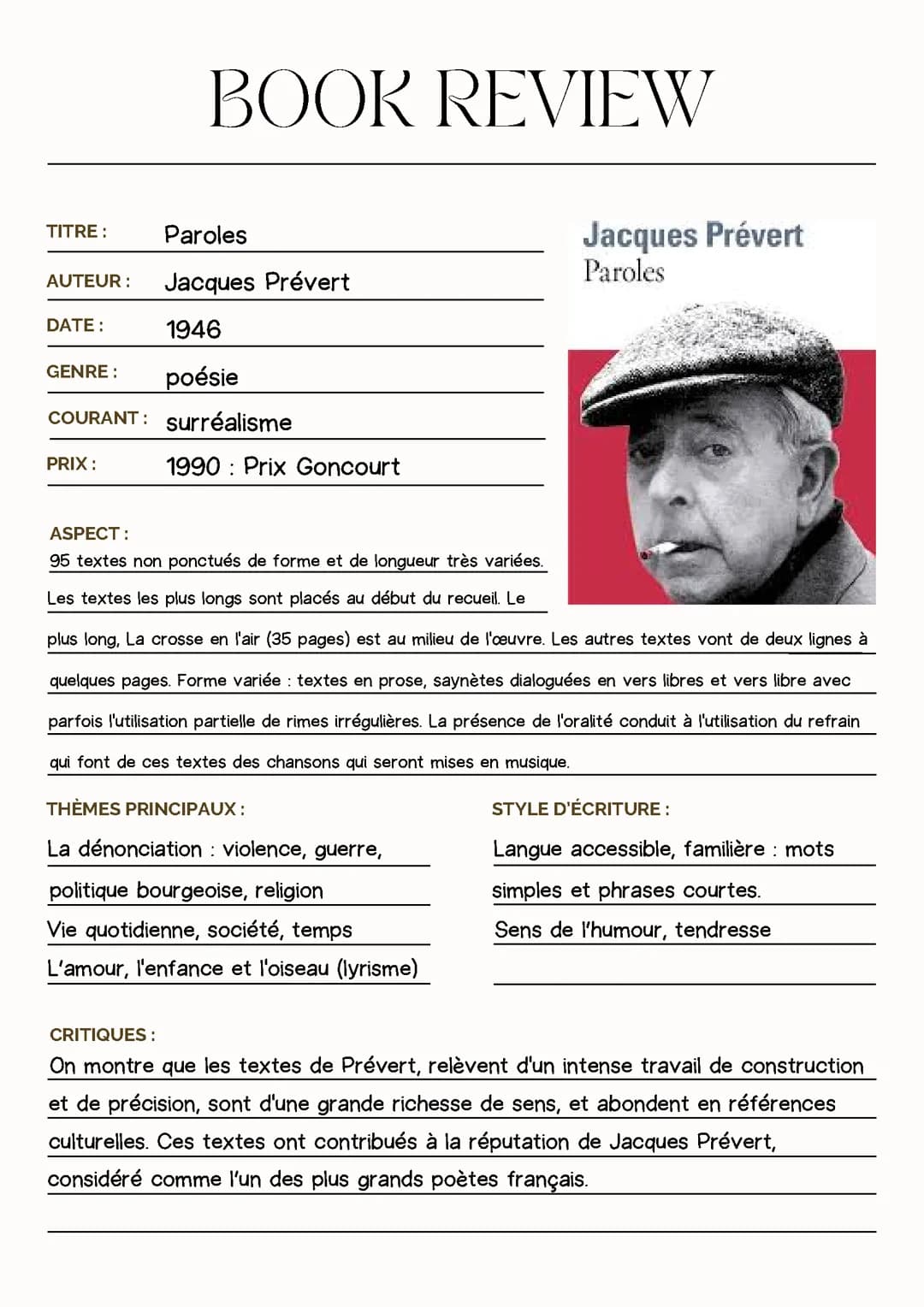 Fiche de lecture Paroles Jacques Prévert