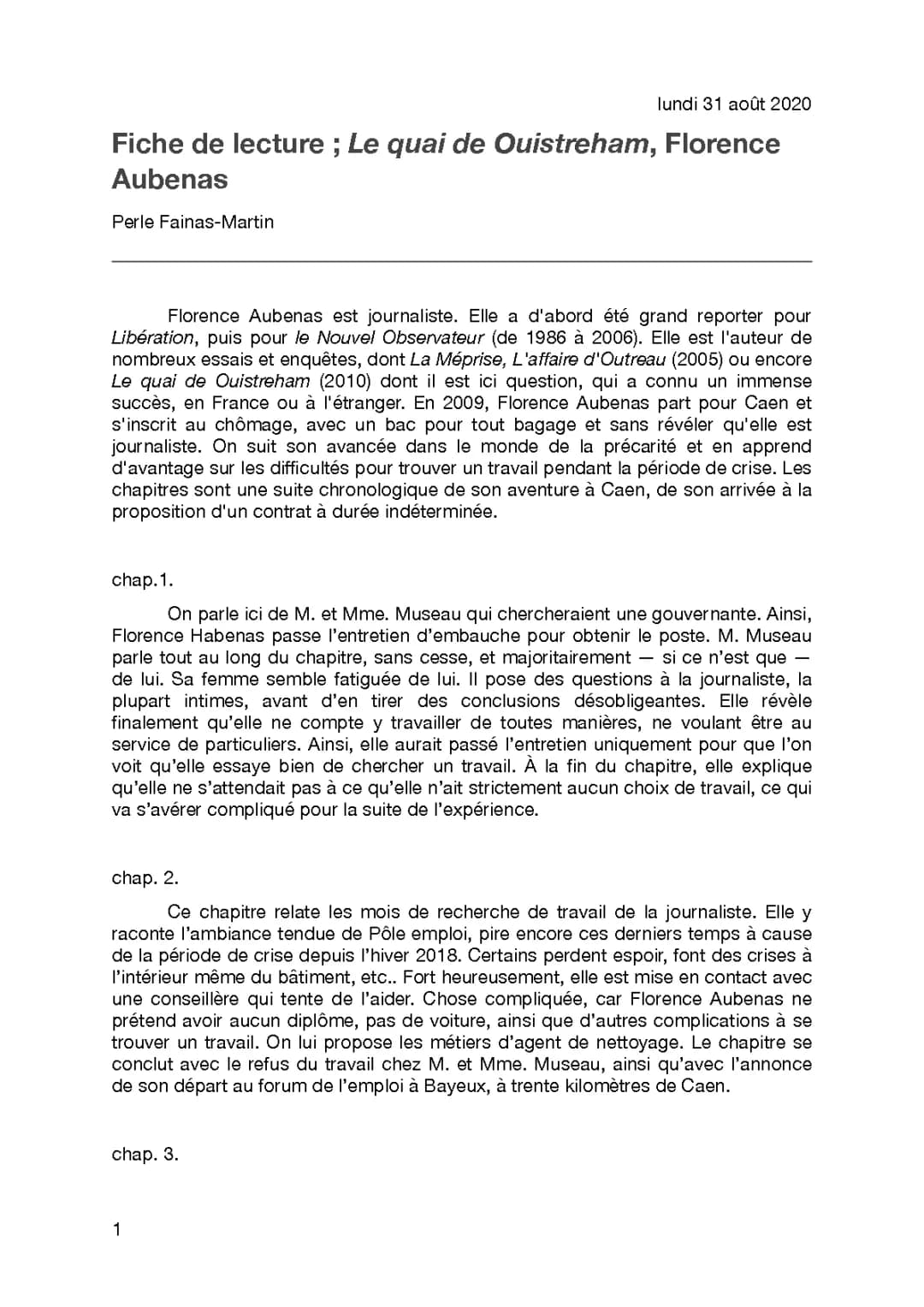 Résumé par chapitre Le Quai de Ouistreham - Analyse, PDF et Personnages de Florence Aubenas