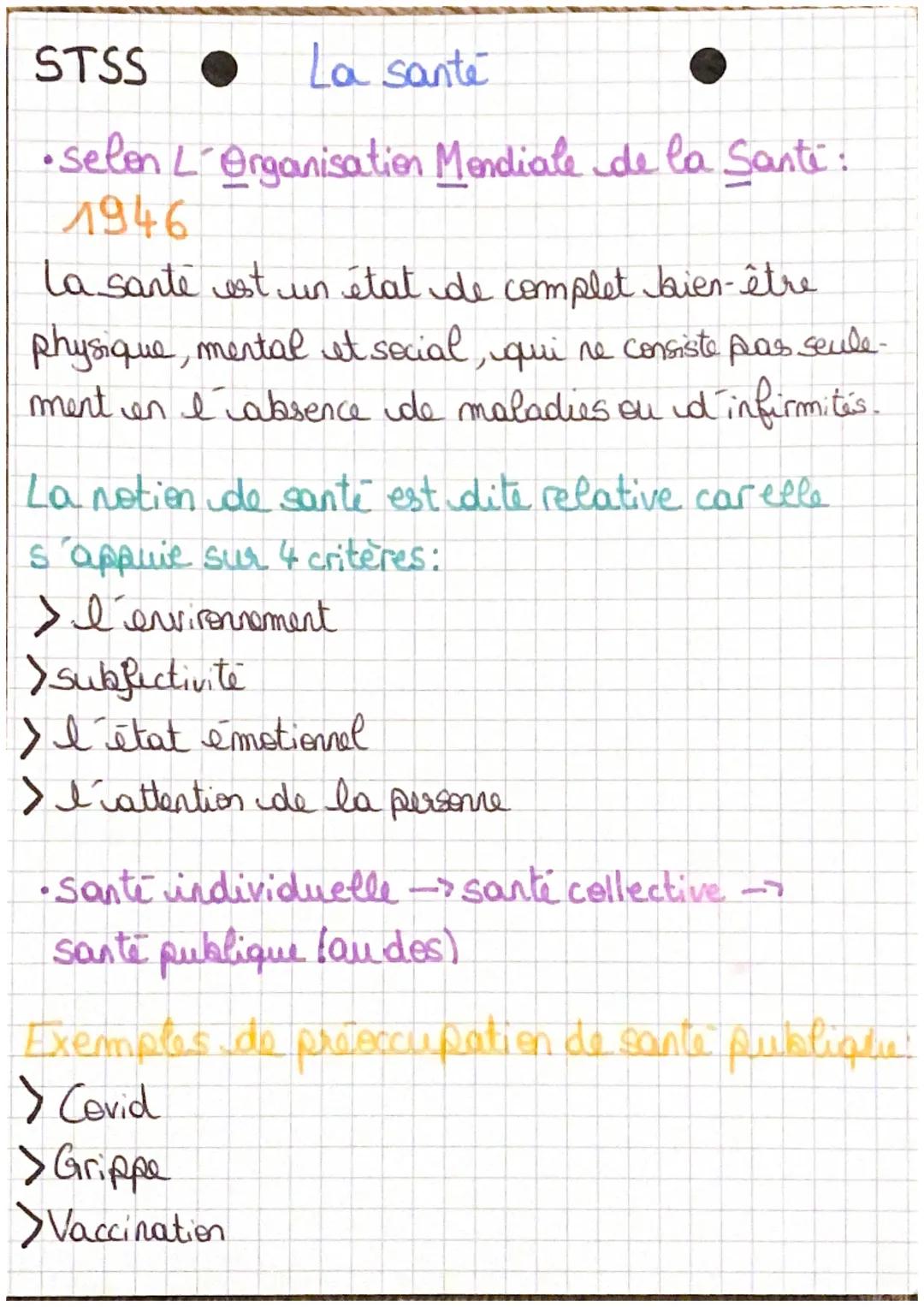 STSS
La santé
•selen L´Organisation Mendiale de la Santi:
1946
La sante est un état de complet bien-être
physique, mental et social, qui ne 
