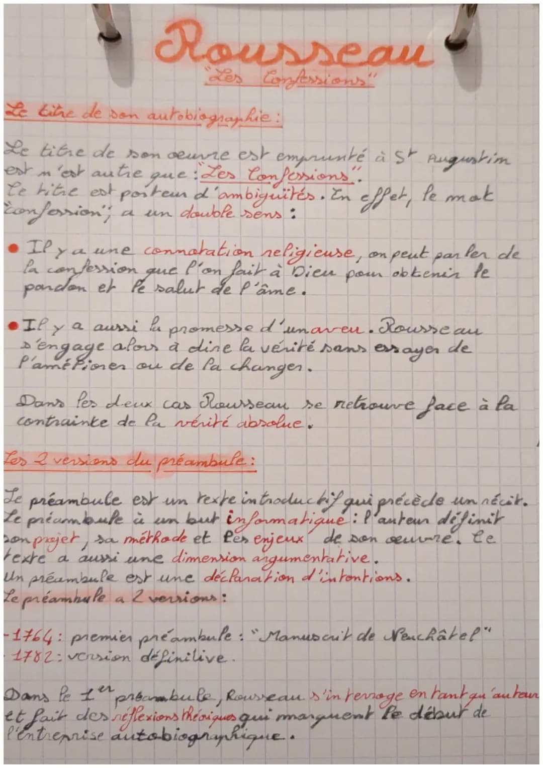 Rousseau
"Les Confessions"
Le titre de son autobiographie:
Le titre de son œuvre est emprunté à St Augustim
n'est autre que
•Les Confessions