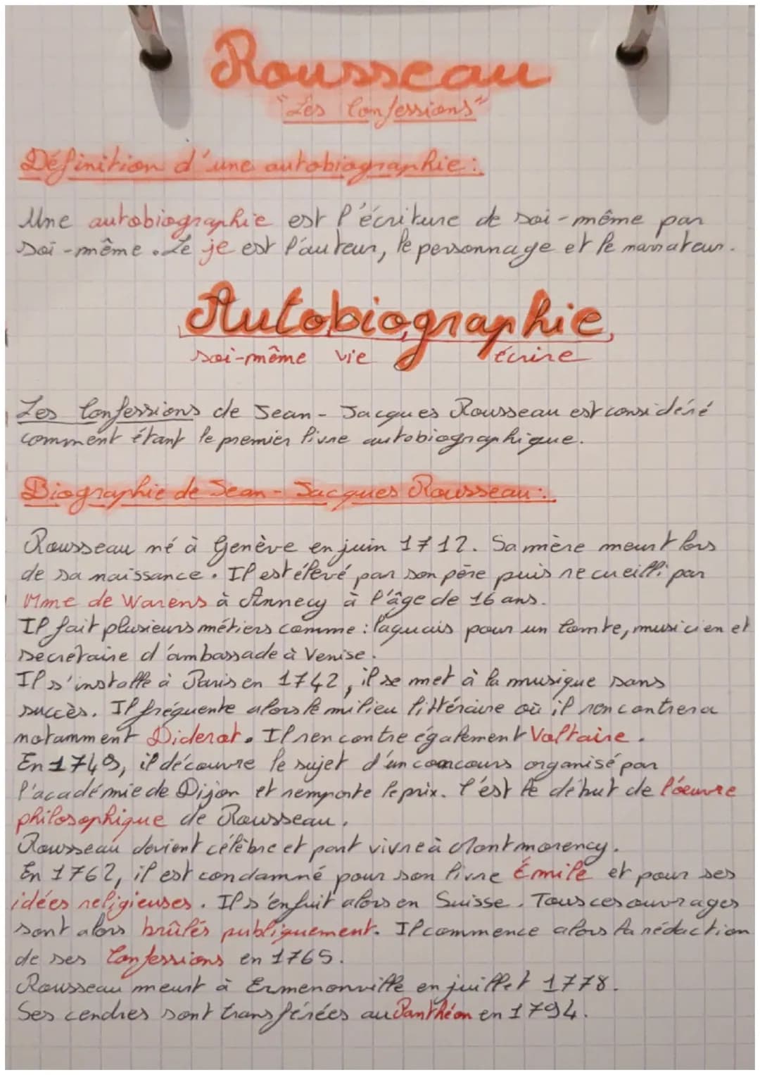 Rousseau
"Les Confessions"
Le titre de son autobiographie:
Le titre de son œuvre est emprunté à St Augustim
n'est autre que
•Les Confessions