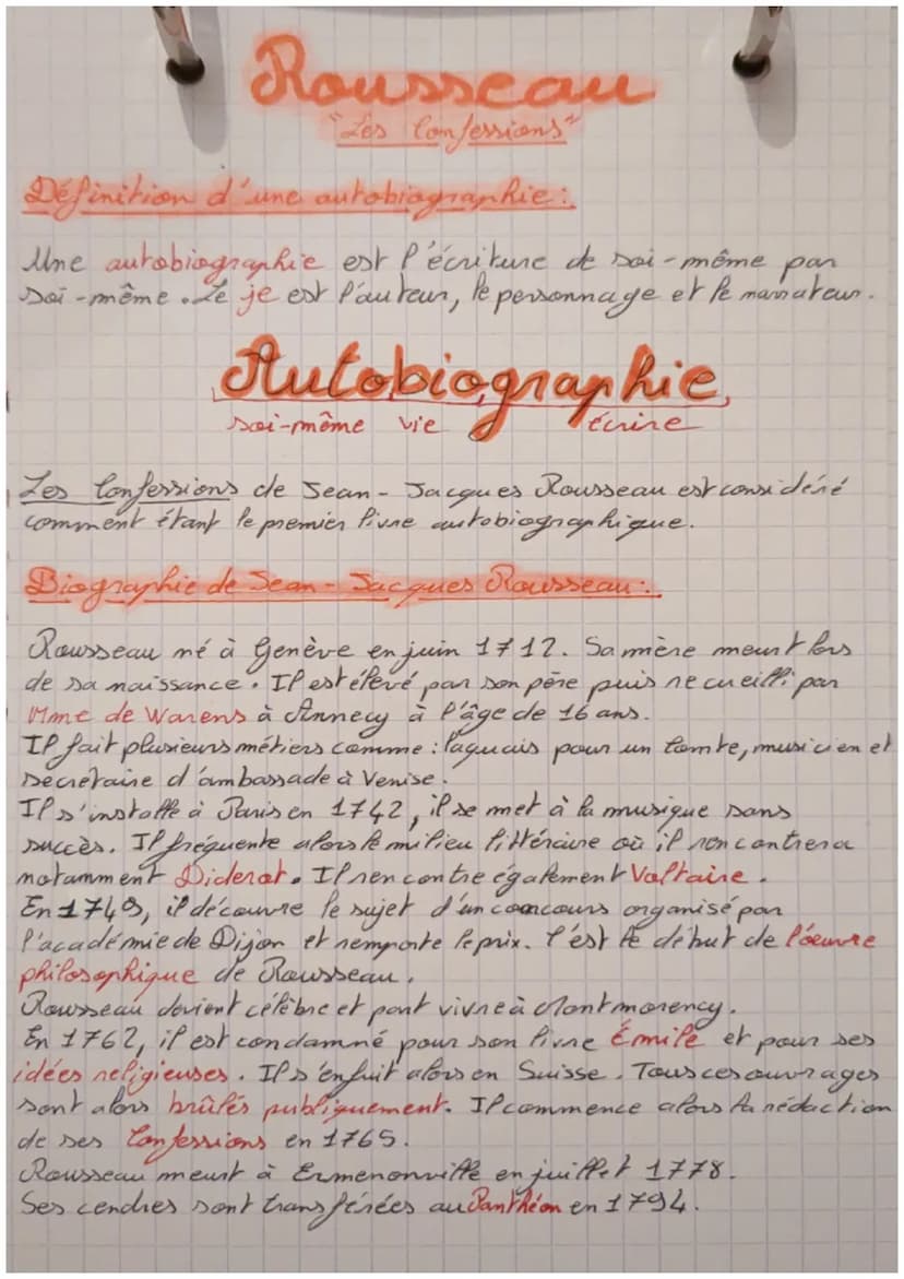 Rousseau
"Les Confessions"
Le titre de son autobiographie:
Le titre de son œuvre est emprunté à St Augustim
n'est autre que
•Les Confessions