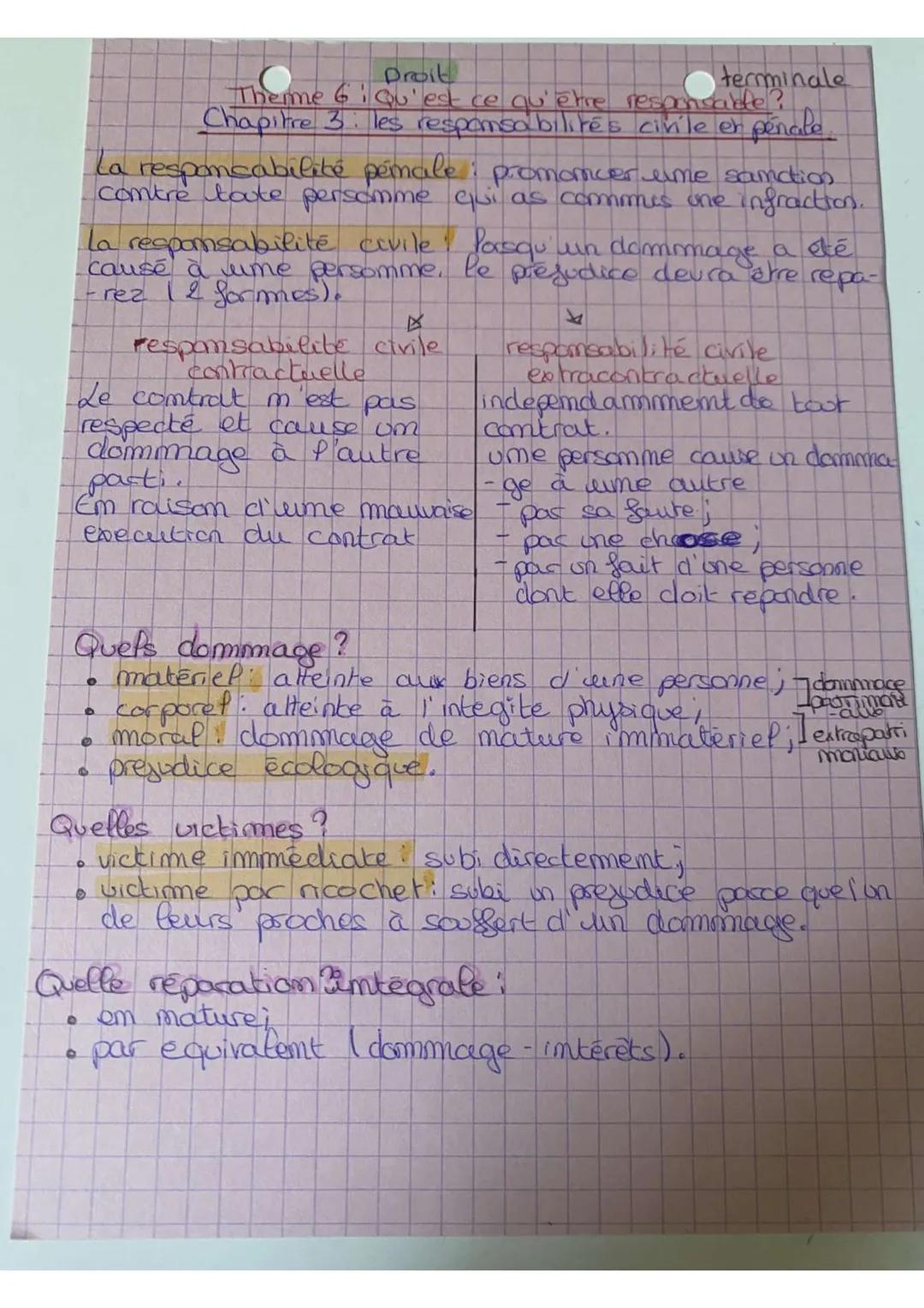 Droit
terminale
Theme 6 Qu'est ce qu'être responsable?
Chapitre 3: les responsabilités civile en pénale.
La responsabilité pénale: promover 