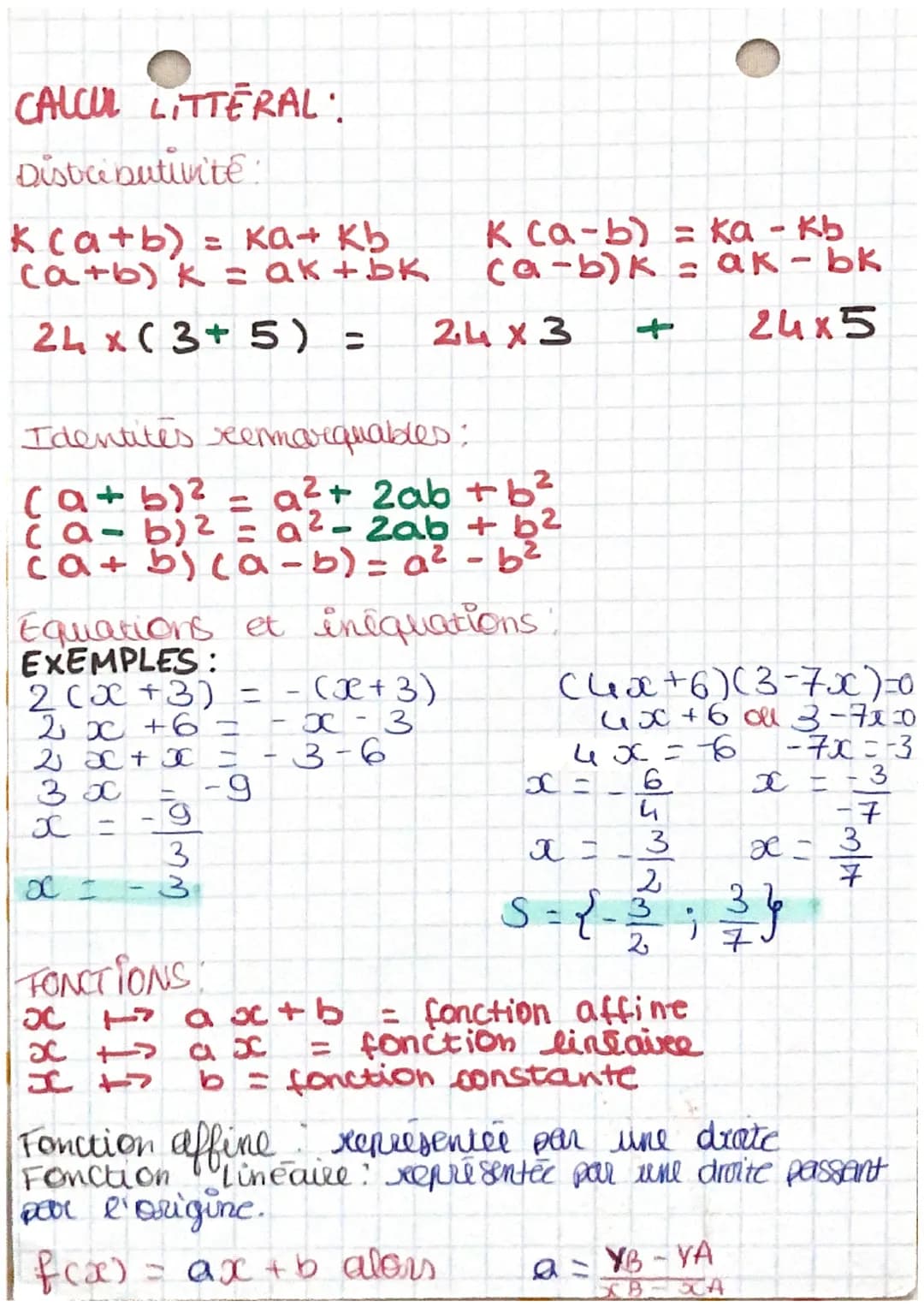 CALCUL LITTERAL
Distributivité:
k (a+b) = Ka+ Kb
(a+b) k = ak+bk
24 x (3+5) =
Identites remarquables:
(a+b)² = a² + 2ab + b²
(a - b) ² = a ²