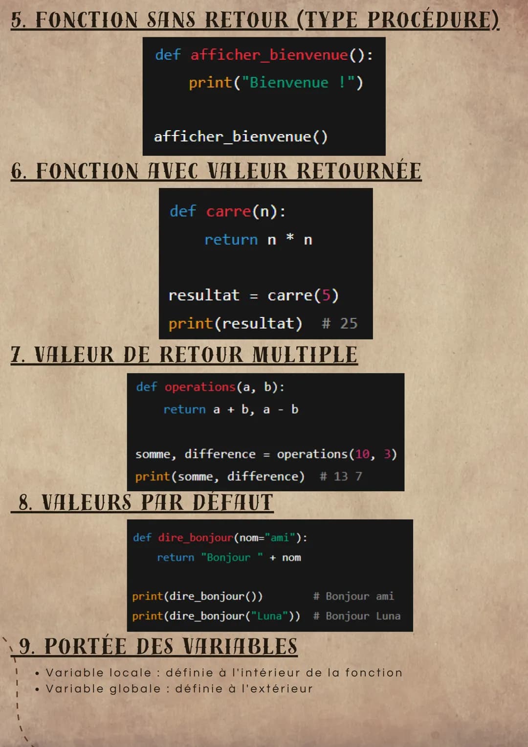 LES FONCTIONS EN PYTHON
1. DÉFINITION
Une fonction est un bloc de code réutilisable, qui effectue une tâche
précise.
Elle peut:
- prendre de