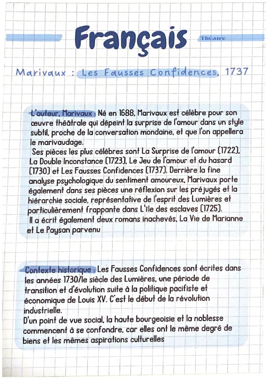 Français
Marivaux Les Fausses Confidences, 1737
Theatre
L'auteur, Marivaux: Né en 1688, Marivaux est célèbre pour son
œuvre théâtrale qui dé