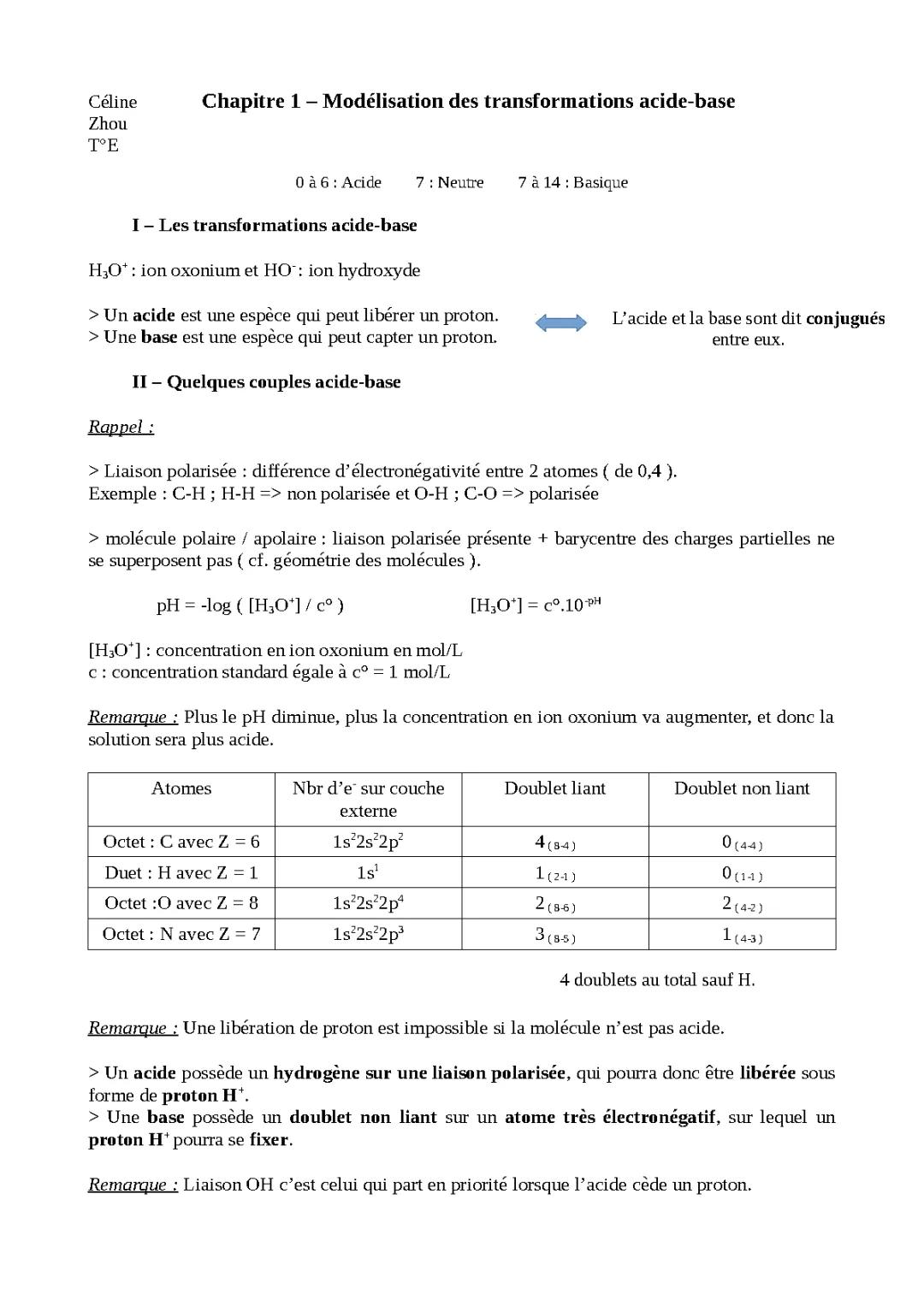 Transformations Acide-Base et Réaction Acido-Basique : Cours et Exemples